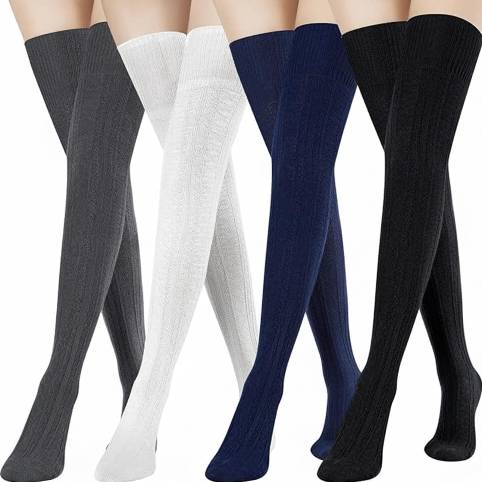 4 Pairs Women's Knit Thigh High Socks Over Knee Cotton Socks Leg Warmers
