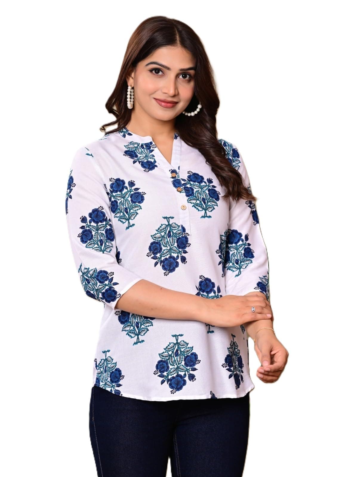 WAVII Short Kurti for Women | Rayon Tunic Top with Mandarin Collar, 3/4 Sleeves & 30-Inch Length | Stylish, Comfortable Daily & Office Wear Short Kurta