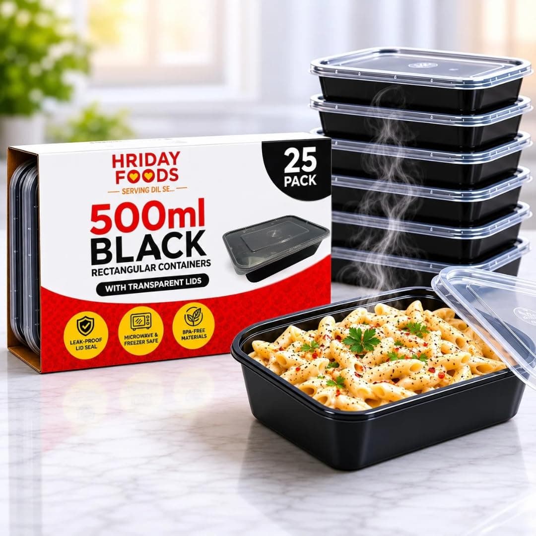 Hriday Foods 500 ml Black Rectangular Food Containers with Transparent Air Tigth Lids | Ideal for Cloud Kitchens, Restaurants and Home Food Delivery (500.00, Milliliters, Set of 25)