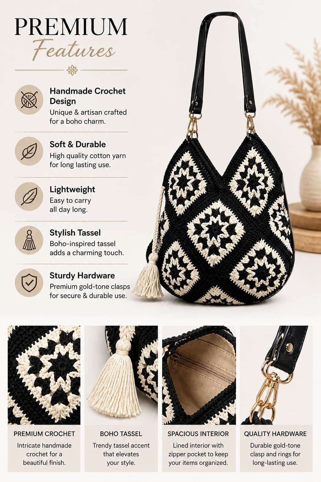 ZORA CRAFT Black & White Crochet Tote Bag for Women – Vintage Granny Square Handbag, Diamond Pattern, Stylish Office & Festival Bag, Fits 14" Laptop/MacBook