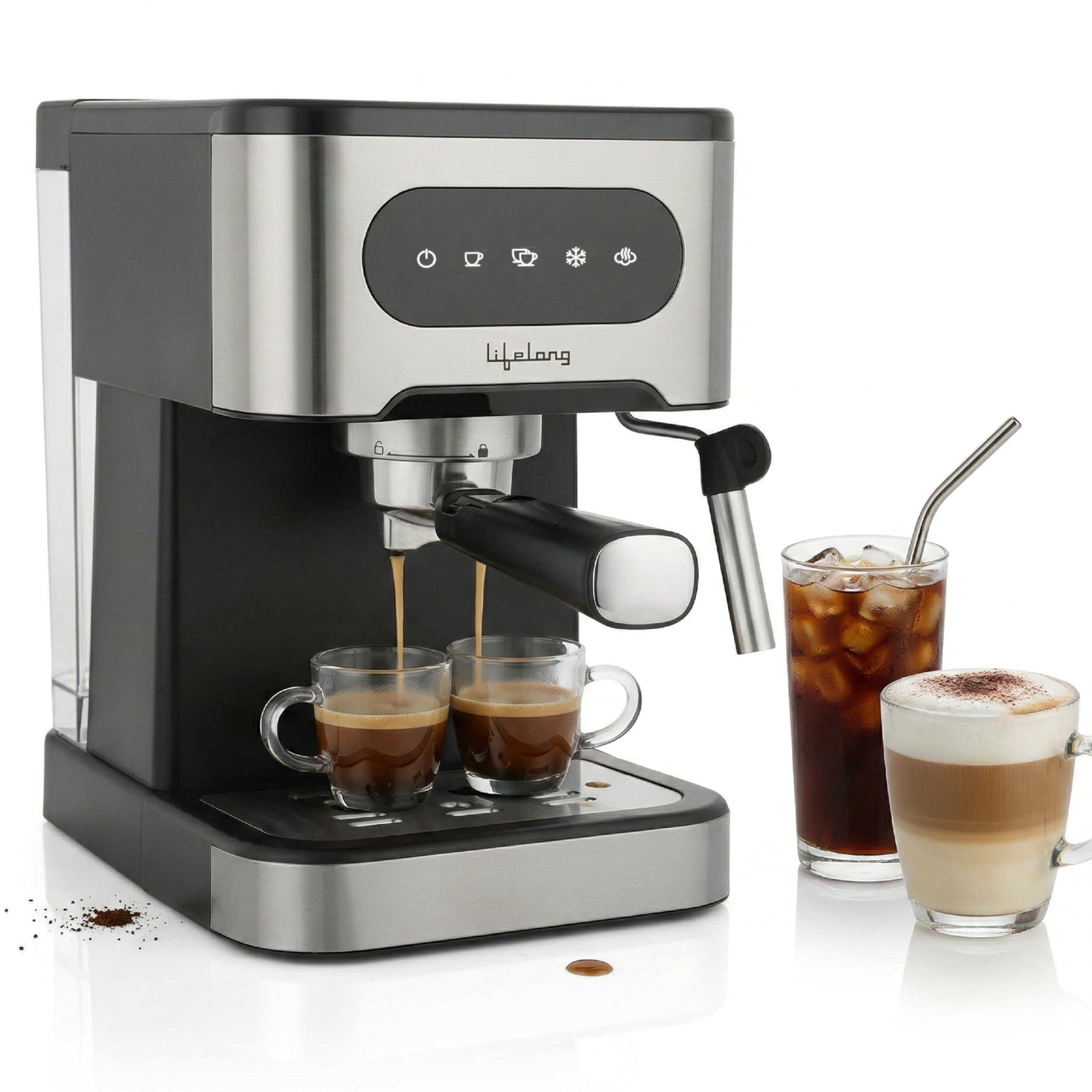 Lifelong 20 Bar Digital Espresso Coffee Maker |Use Grounded Coffee, Pod |Espresso, Cappuccino, Latte,Cold Brew, Steam with Adjustable Milk Frothing Wand and Double Temperature Control System(LLCMK903)