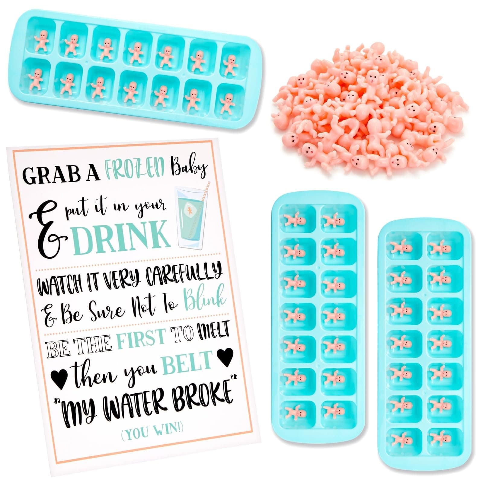 My Water Broke Baby Shower Game with 60 1-Inch Mini Plastic Babies, 3 Ice Cube Trays, and 1 Sign