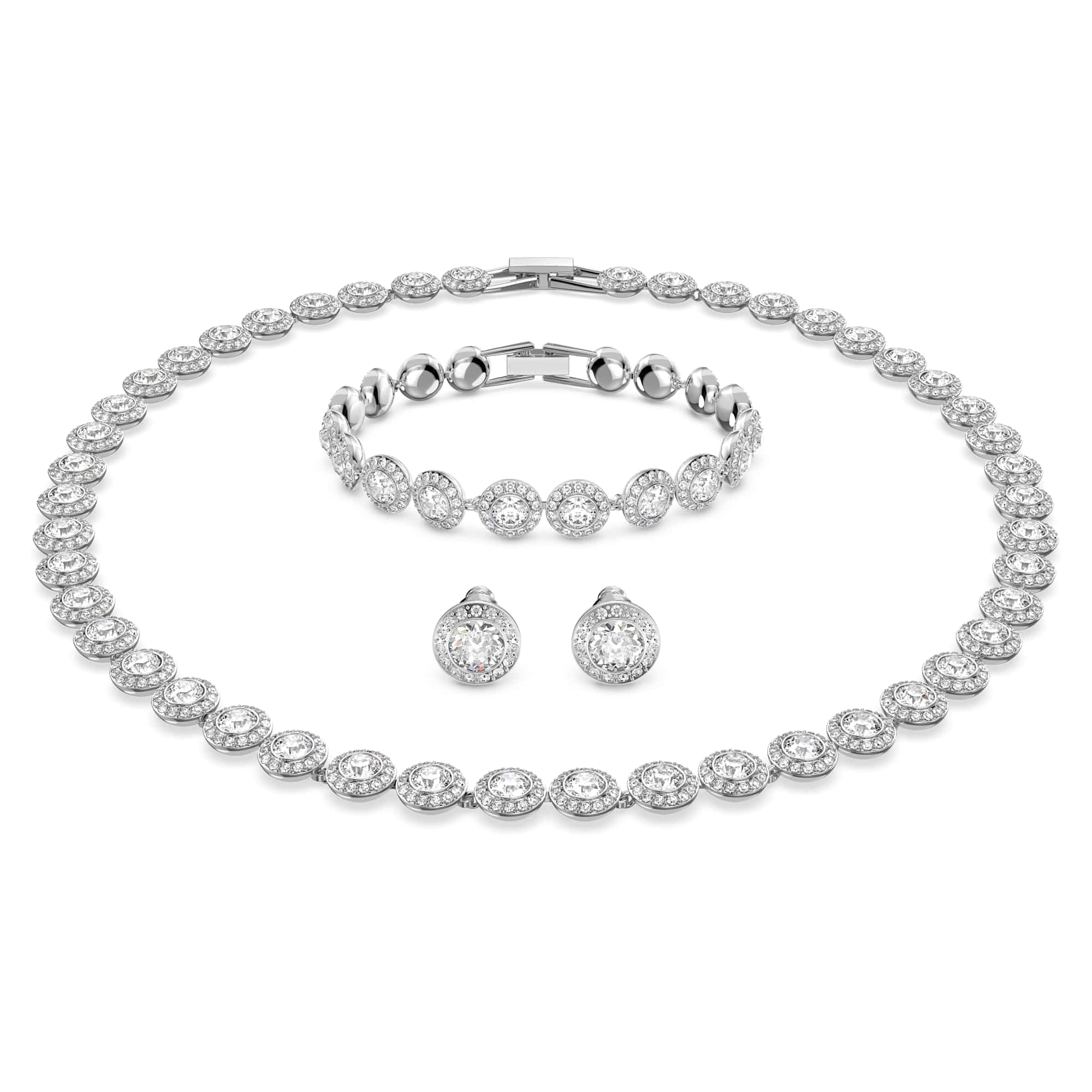 Swarovski Angelic Necklace Bracelet Earrings Set for Women, Round Size, Rhodium Plated