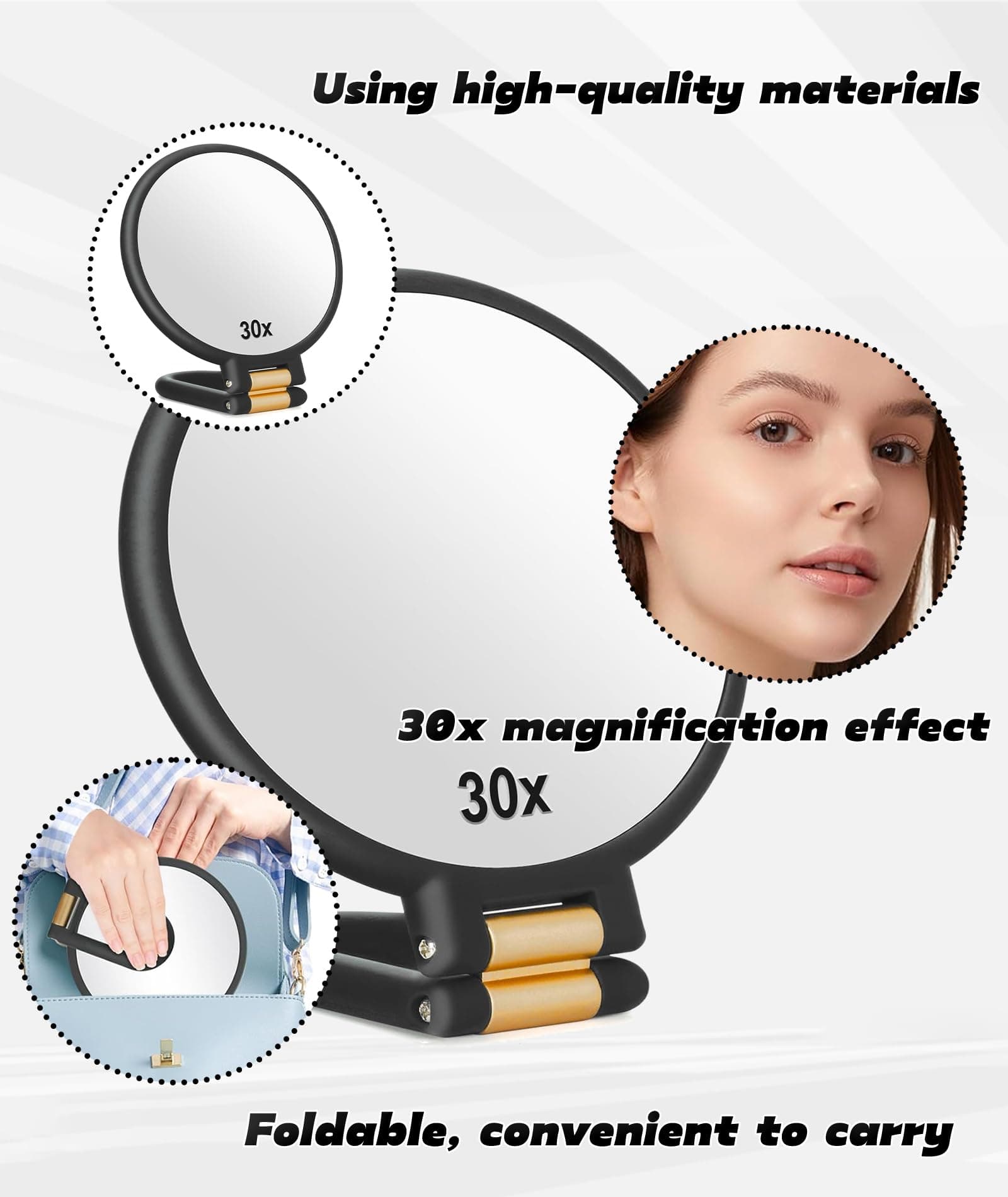 30x Magnifying Mirror, Front and Back 1x 30x Magnifying Glass with Adjustable Handle Folding Ideal for Use in Makeup (Black)