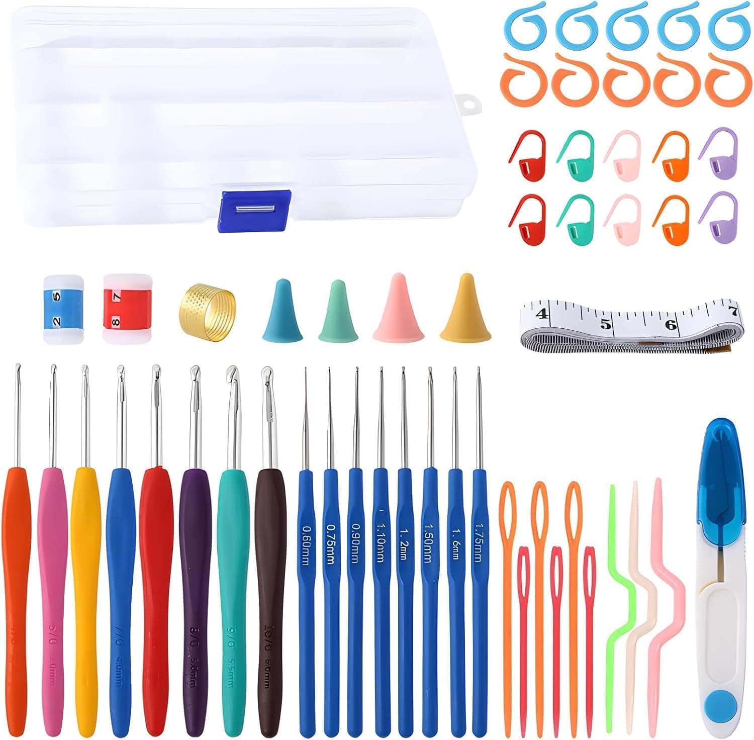 Style Keepers 52 Piece Crochet Hook Set, 16 Sizes 0.6mm-8mm (L), Ergonomic Soft Plastic Handle Crochet Hooks Needles Set (8 Sizes), Beginner Knitting Yarn Enthusiast Crochet Beginner Set for Beginners