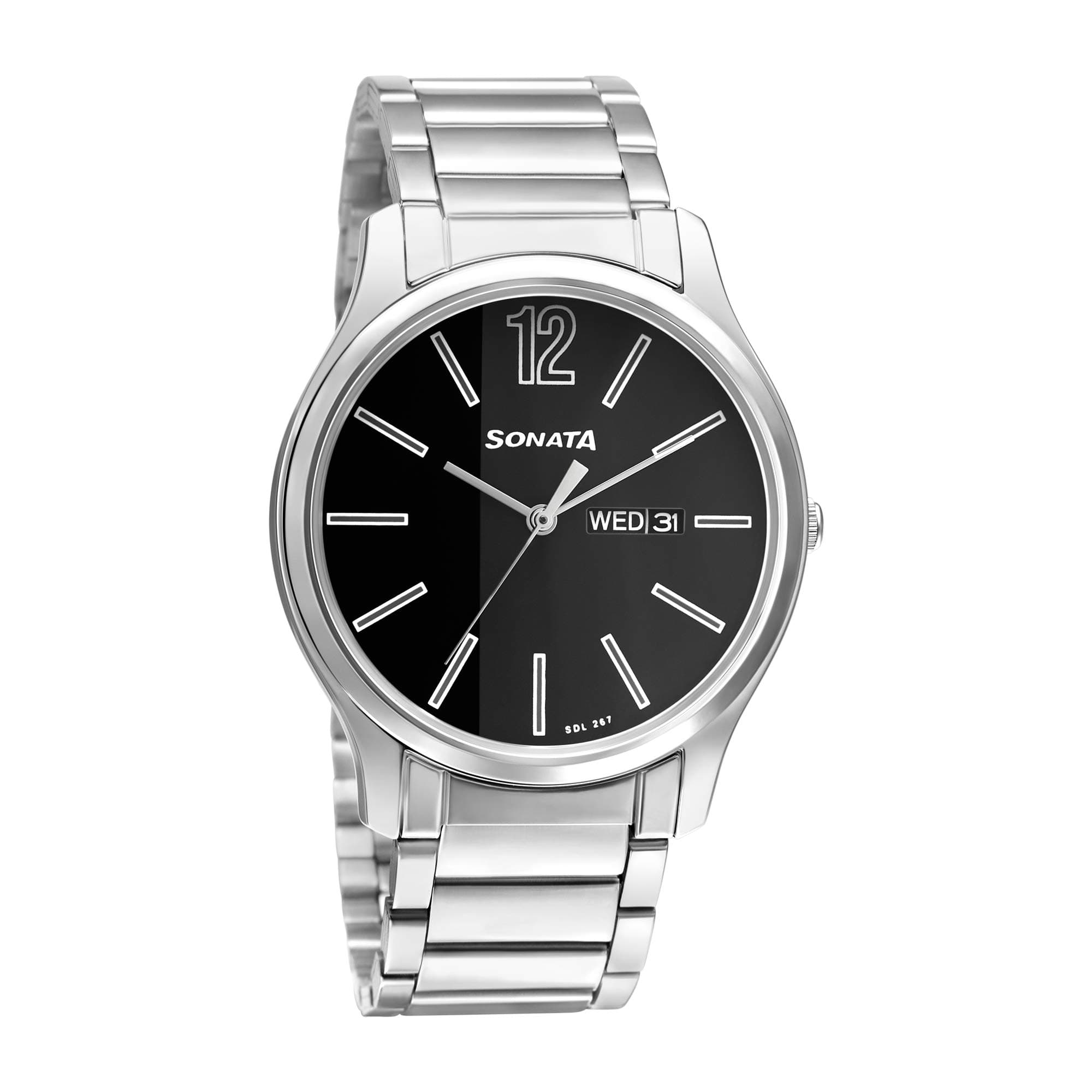 Sonata Essentials Quartz Analog with Day and Date Black Dial Silver Stainless Steel Strap Watch for Men - NT77082SM03W