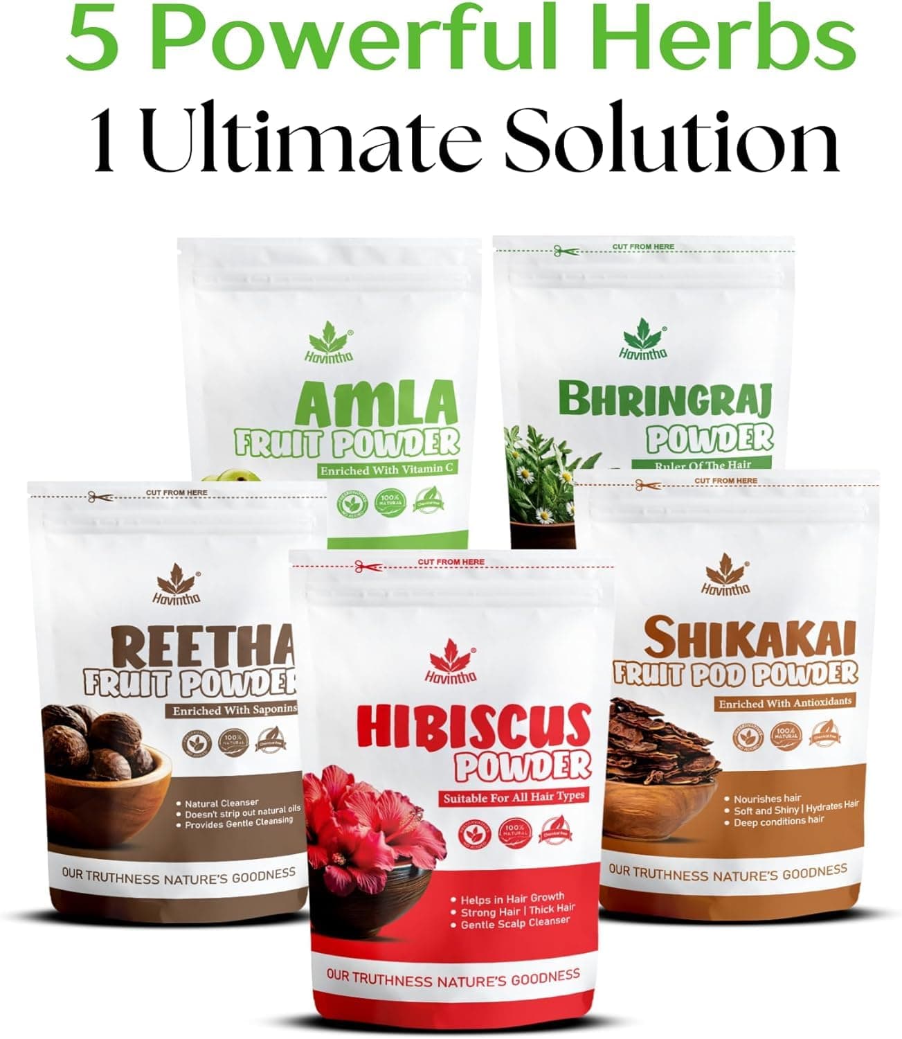 Havintha Amla, Reetha, Shikakai, Bhringraj and Hibiscus powder for Hair care