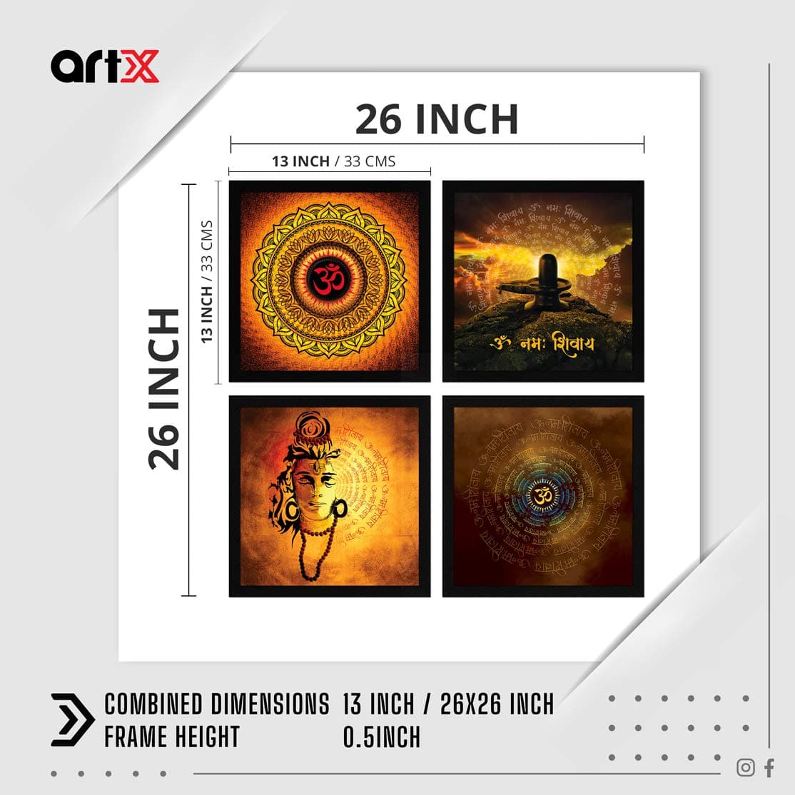 ArtX Religious Paper Om Namah Shivaya Mantra Orange Wall Art Painting, Multicolour, Traditional, 13X13 In, Set Of 4