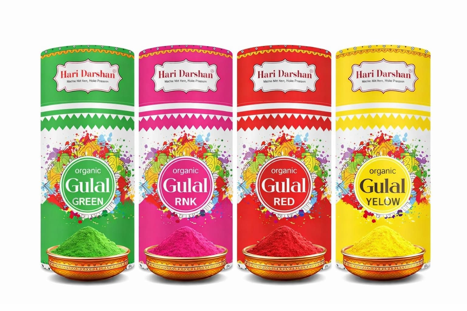 Hari Darshan Organic Gulal | Natural Plant-Based Holi Colors | Herbal Non-Toxic Eco-Friendly Gulal | Skin-Friendly & Safe for Kids and Hair | Red Green Yellow Pink | Combo Pack of 4 (100g Each)