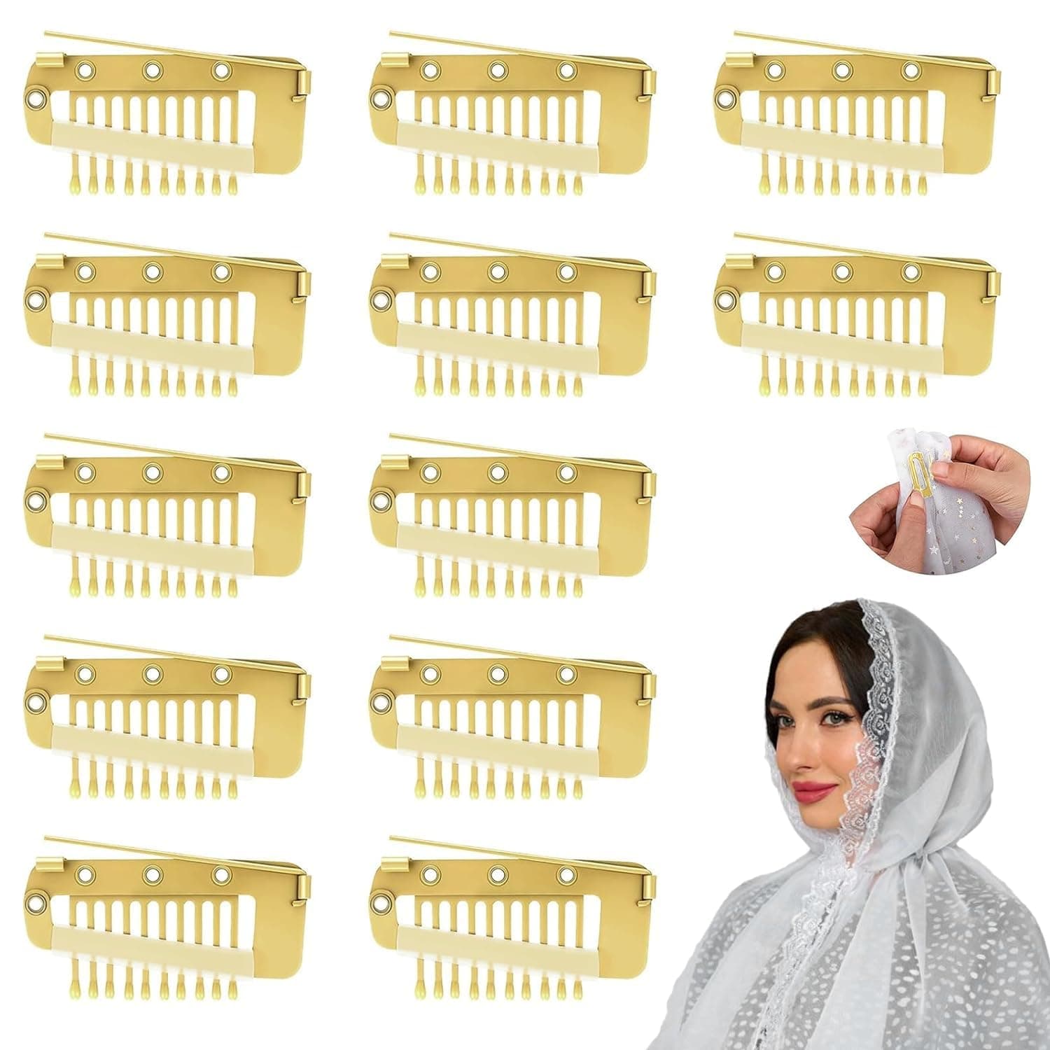 ADORNISH 6 Pcs Chunni Dupatta Clips With Safety Pin, 10-Teeth Strong Chunni Grip Hair Clip, Invisible Wig Clip, Setting Clips For Woman Hair Extensions (Gold, Matel)