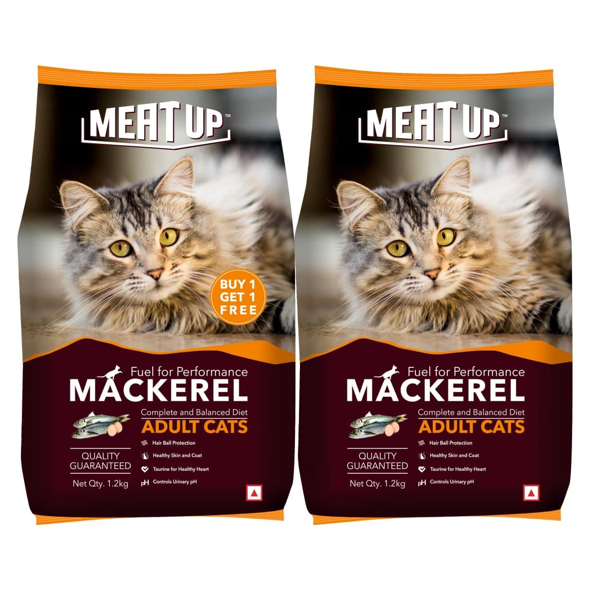 Meat Up Adult Dry Cat Food Total 2.4Kg | Mackerel Flavour | Supports Urinary pH Balance | Reduces Hairball Formation | Promotes Skin & Coat Health | Taurine for Cardiac Support