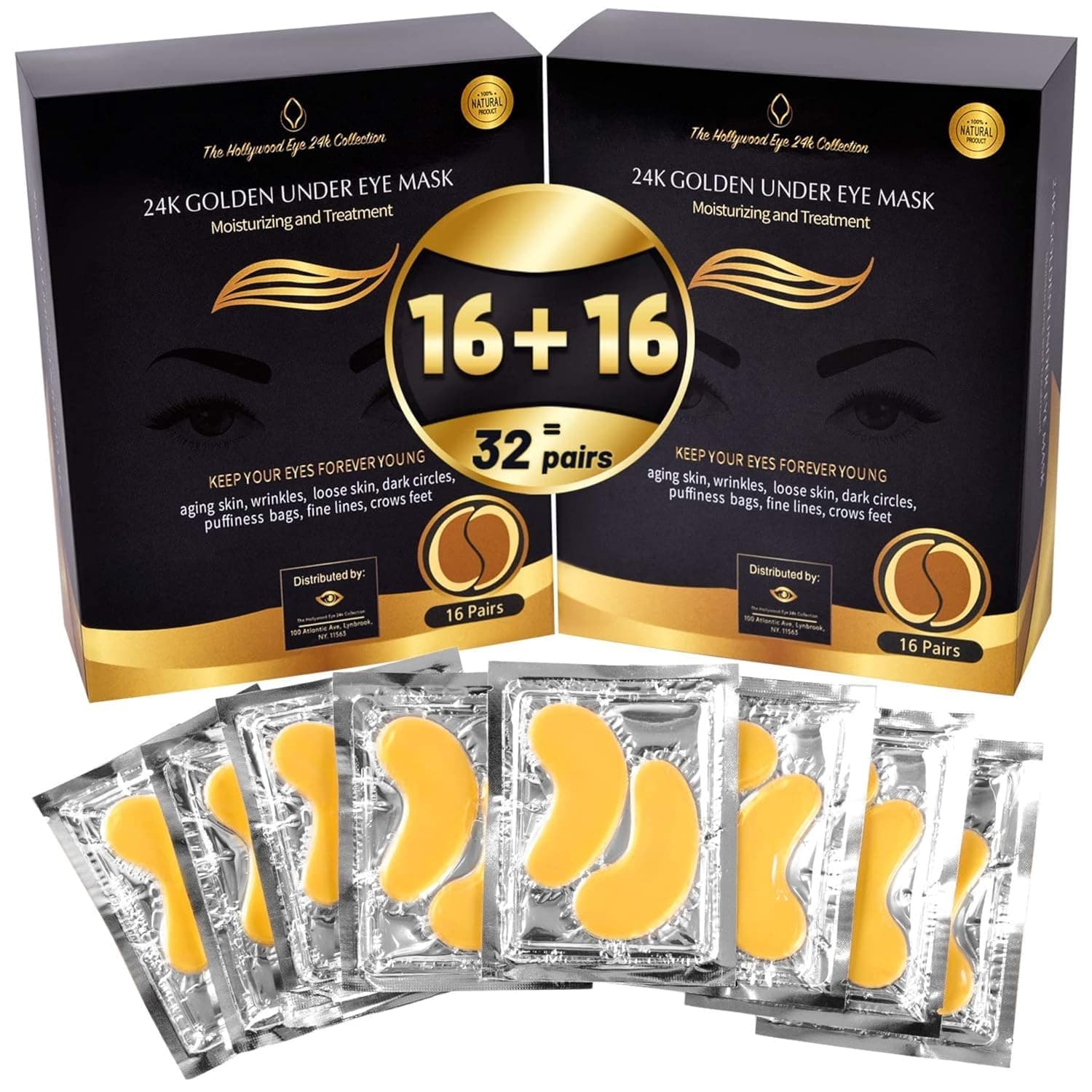 24K Gold Under Eye Masks Collagen Patch, Anti-Aging Mask, De-Puff and Lighten Dark Circles and Wrinkles Treatment with Hydrogel, Deep Moisturizing Improves Elasticity (Double 24k Under Eye Mask)