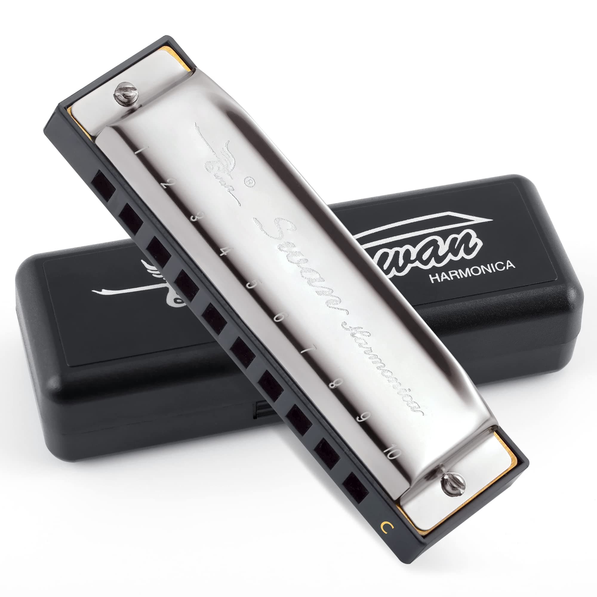 SWAN Harmonica Key of C,10 Hole 20 Tone Diatonic Harmonica,For Children, Beginners and Professional players(Sliver)