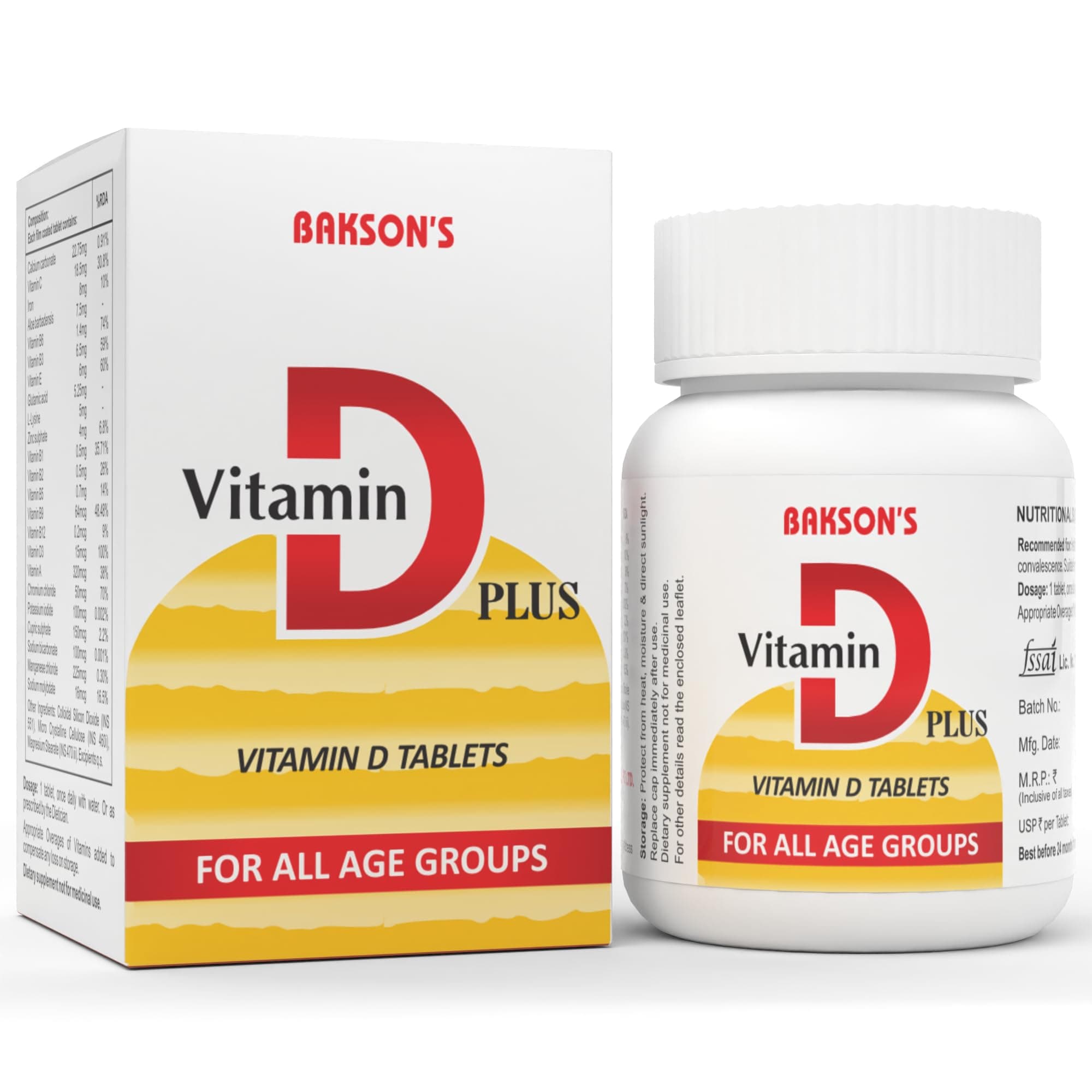 Bakson's Vitamin D Plus, Promotes Calcium Absorption, Bone Health, Muscle Strength & Boosts Immunity | Comes With Vitamin A, B, C & E, | For All Age Group, 30 Tablets (Non Veg)