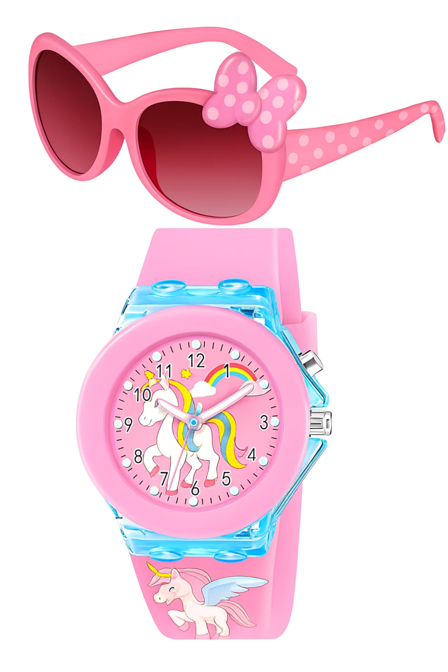 ALNA-TURA Pink Unicorn Stylish Analog Watch & Sunglasses | Combo Gifts Watch For Kids Girls | Cooling Glass, Googles For Kids Girls| UV Protection Shades & LED Light Watch for Birthday Gift ( Age 3 To 12 Years)