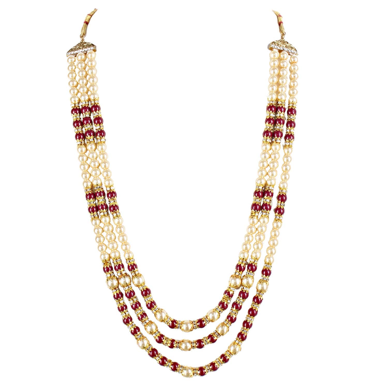 Lucky Jewellery Designer Wedding Multi Strand Gold and Maroon Color Dulha Har Layered Pearl Maharaja Haar Groom Necklace Set for Men (580-M6DM-1011-LCT-M)