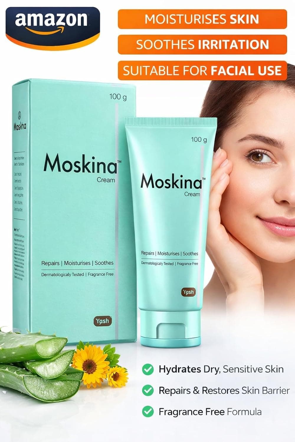 UNIGLOW Moskina Moisturizing Cream, Fragrance Free, Dermatologically Tested, 100 G