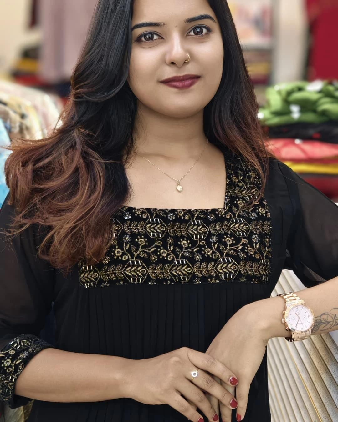 Women's Embroidered Kurti, Square Neck, 3/4 Sleeves, Pleated, Ethnic Wear, Black, Green, Maroon