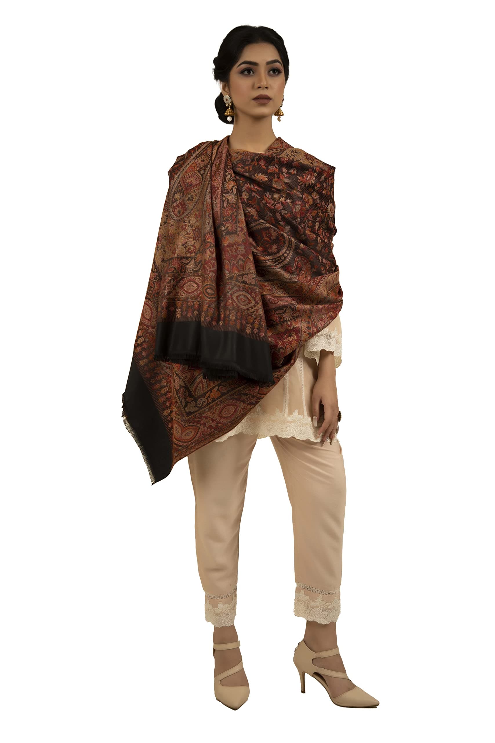 Shal-é-Pashm Women's Black Kashmiri Woolen Shawl, Warm and soft, Faux Pashmina, SHO17F2021, Free Size