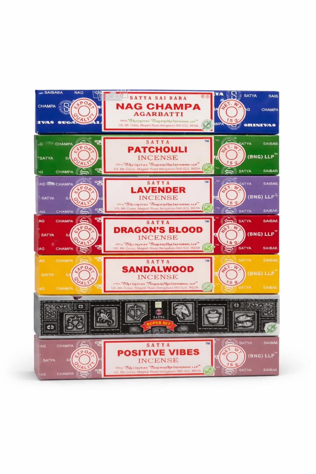 Satya Incense Gift Set Nag Champa, Super hit, Dragon's Blood, Sandalwood, Patchouli, Lavender, Positive Vibes, 15 g