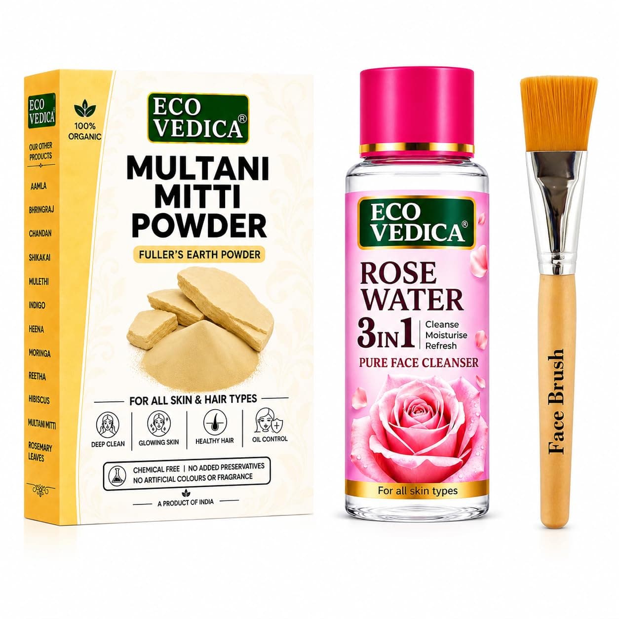 Multani Mitti Powder for Face & Hair | Natural Fullers Earth Face Pack for Oily & Acne Prone Skin | Multani Mitti with Rose Water & Face Brush | Organic Multani Mitti Powder for All Skin Types | 200g Powder + 100ml Rose Water | EcoVedica