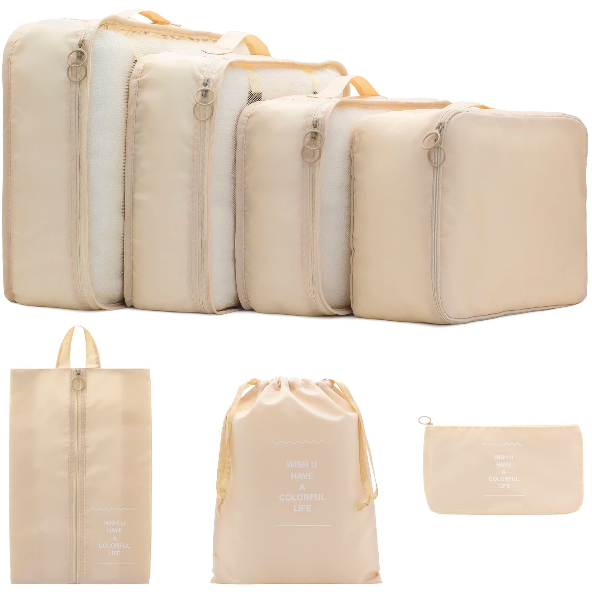 PAZIMIIK 7 Set Packing Cubes Clothes Storage Bag Luggage Packing Organizers for Travel Accessories Beige, Nylon