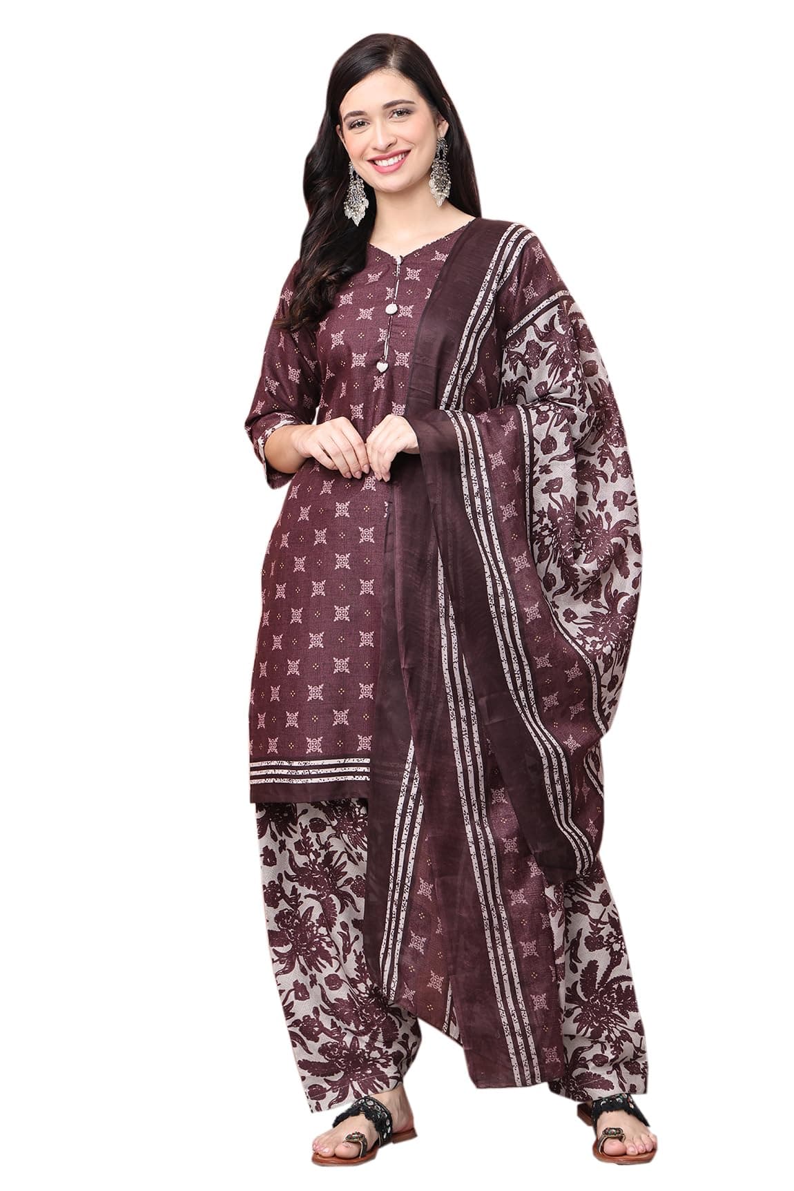 Rajnandini Women Wine Cotton Blend Printed Ready to Wear Patiala Salwar Suit (Readymade_L_JOPLVSRW5202-L)
