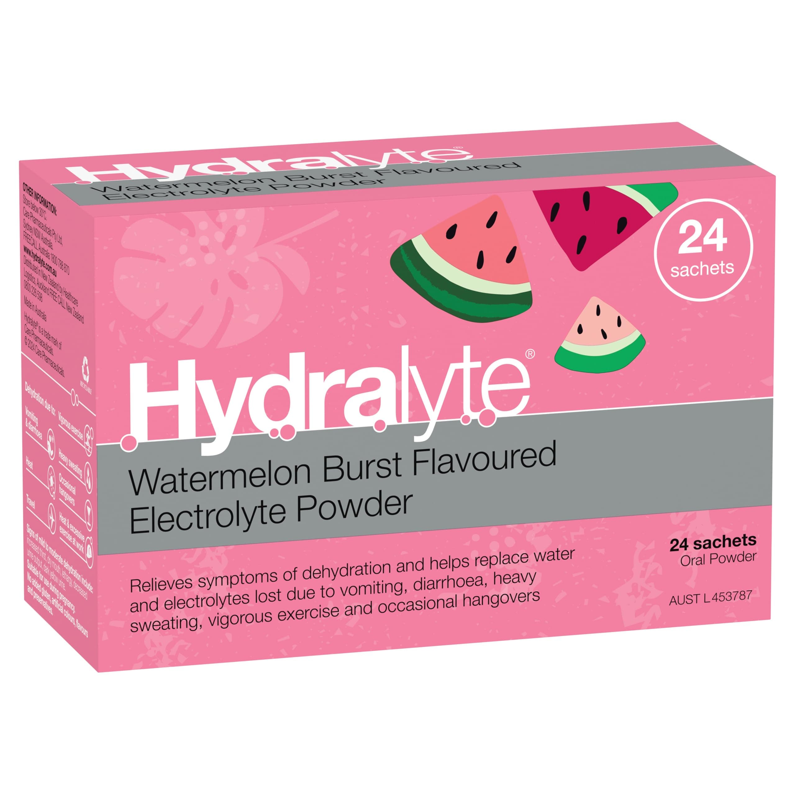 Hydralyte Watermelon Burst Flavoured Electrolyte Powder 24 Packs - Everyday Rehydration for Dehydration Relief Due to Heat, Travel, Illness & Exercise