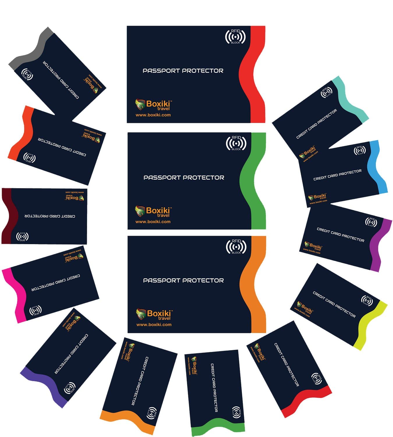 Rfid Blocking Sleeves, Set of 15 with Color Coding | Identity Theft Prevention Rfid Blocking Sleeve Set By Boxiki Travel | 12X Credit Card Holder + 3X Passport Protector (Navy Blue)