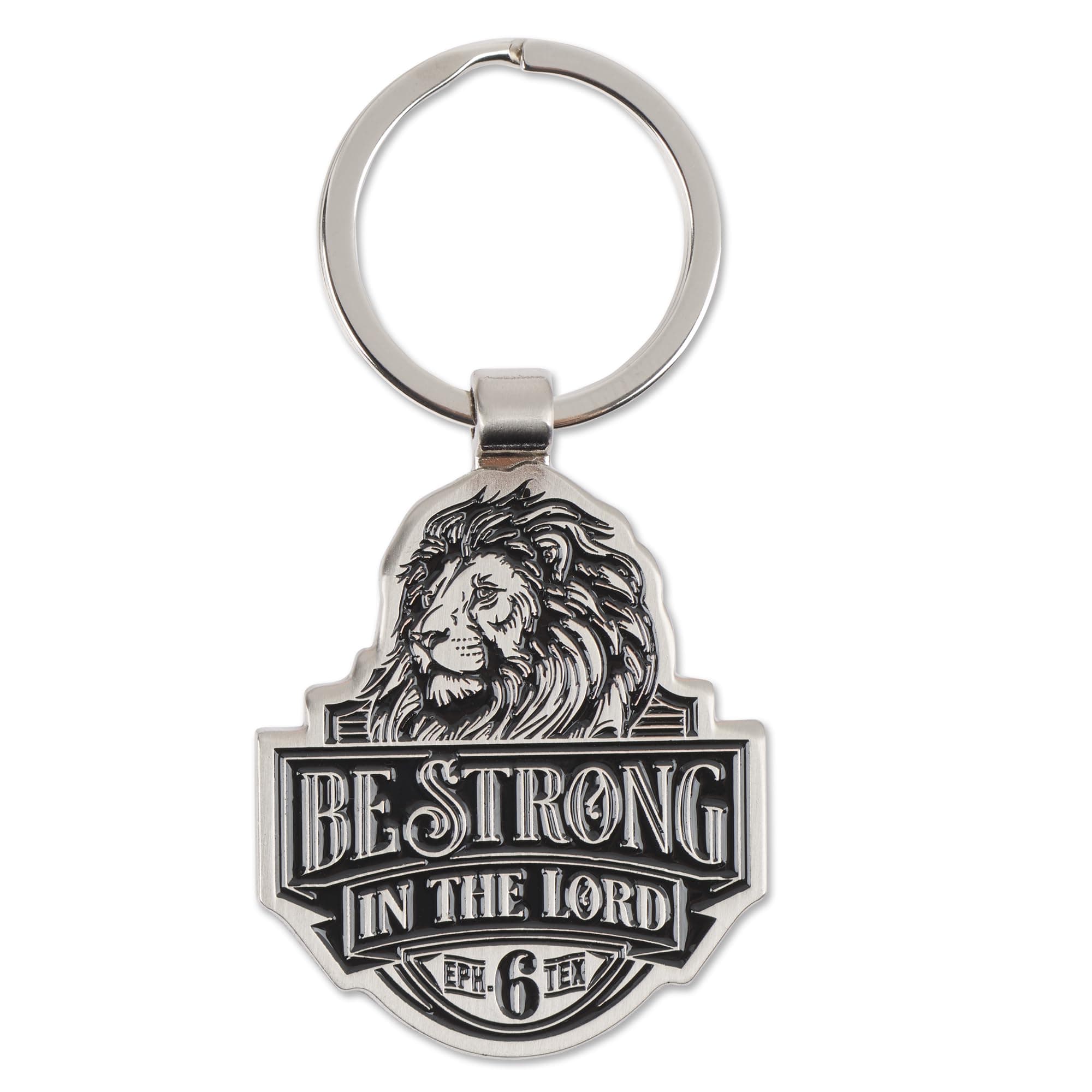 Christian Art Gifts Inspirational Scripture Keychain for Men & Women: Strong in the Lord Encouraging Bible Verse Lion Theme, Stylish Sturdy Metal Stamped Keyring Fashion Accessory, Silver & Black