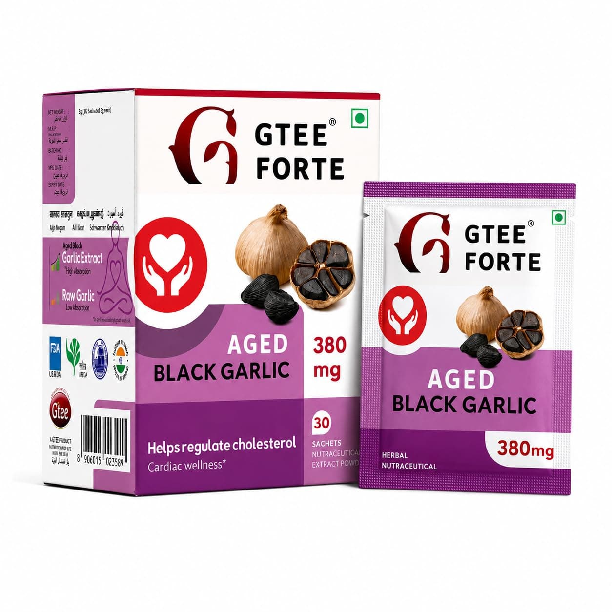 Gtee Forte Aged Black Garlic Instant Ayurvedic Extract, 30 Sachets for Healthy Heart