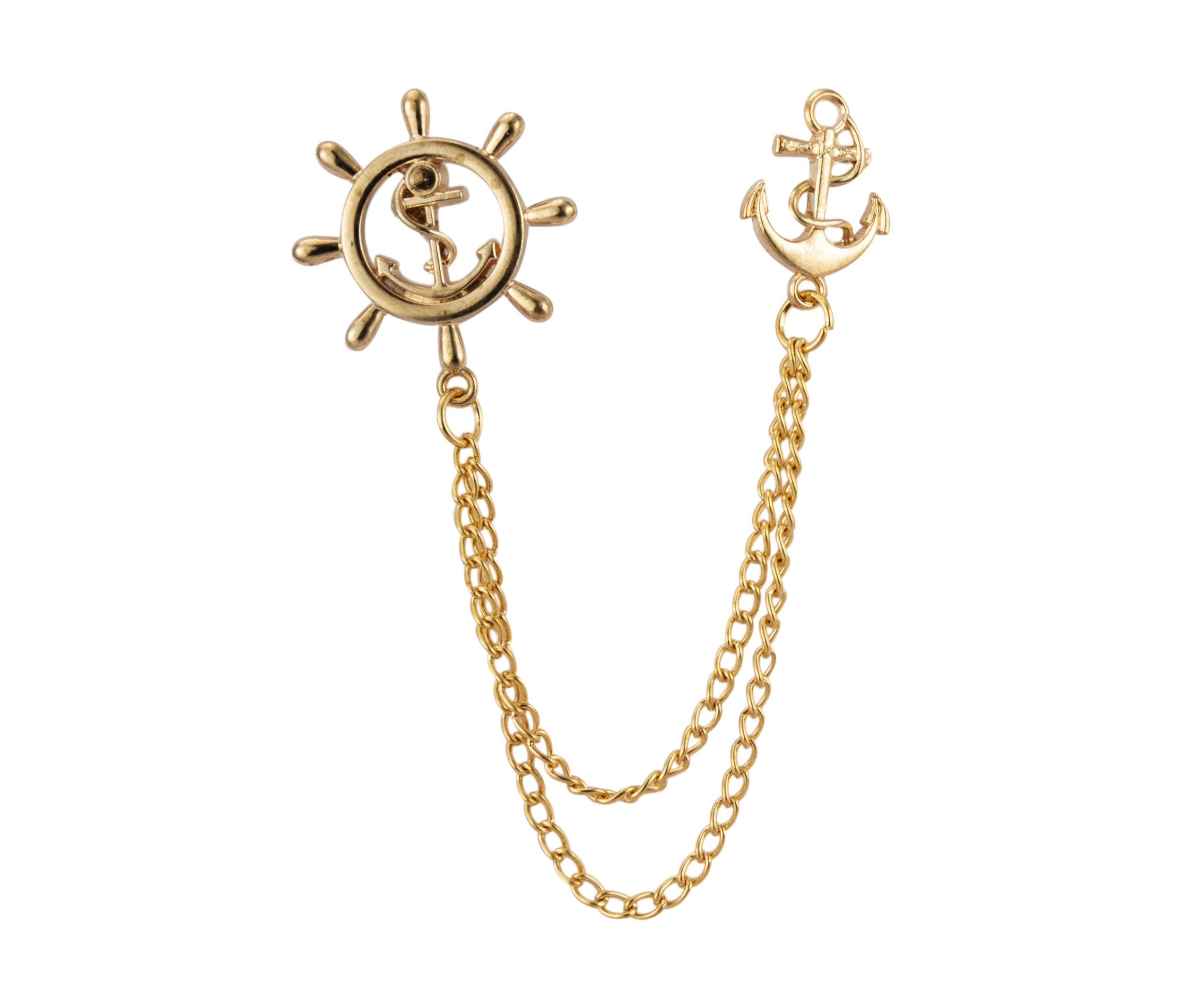Knighthood Golden Metal Anchor Wheel Double Tassel Chains Brooch for Men