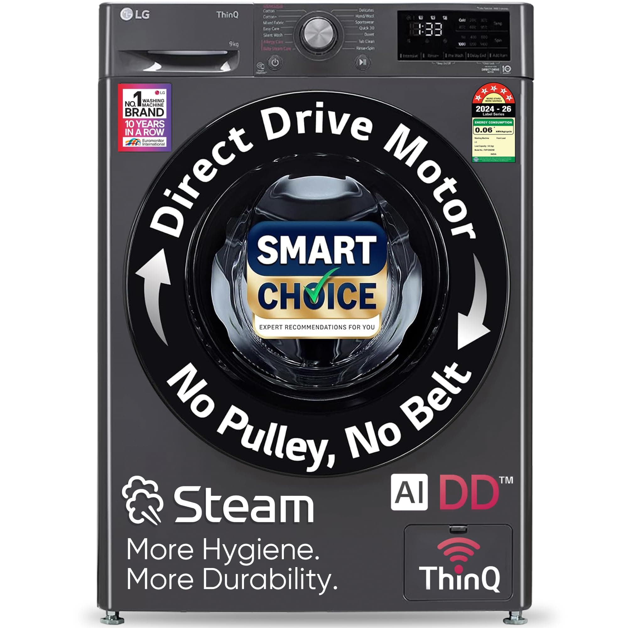LG Smart Choice, 9 Kg, 5 Star, AI Direct Drive Technology, Steam, 6 Motion DD & Wi-Fi Fully-Automatic Front Load Washing Machine (FHP1209Z5M, Intelligent & Convenient Fabric Care, Middle Black)