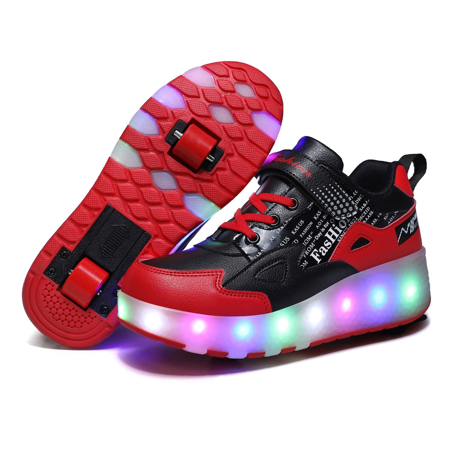 HHSTS Kids Shoes - New Upgraded with Wheels LED Light Color Shoes Shiny Roller Skates Skate Shoes Simple Kids Gifts Boys Girls The Best Gift for Party Birthday Christmas Day, E68-black Red, 1 Little