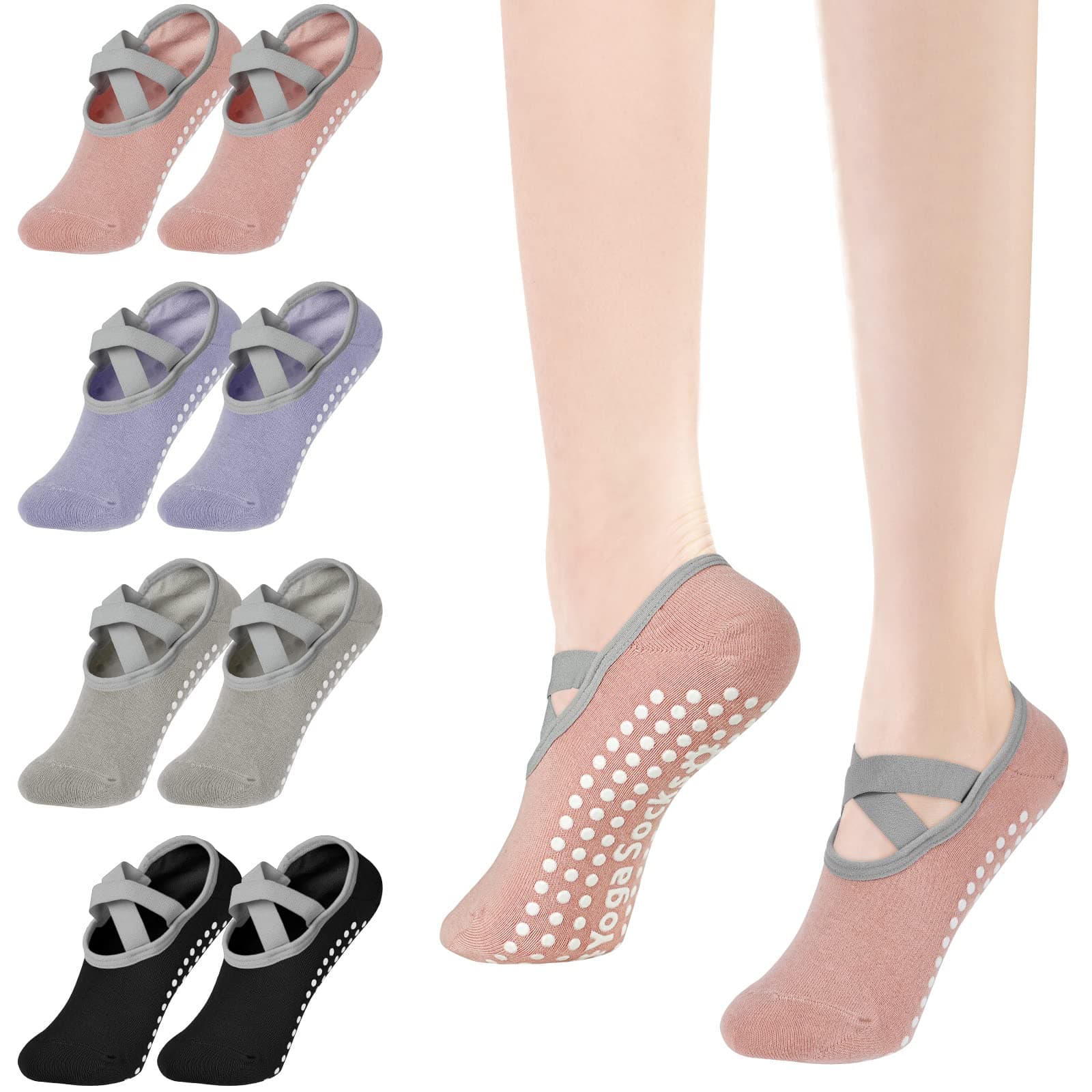 flintronic Yoga Socks, Non-Slip Pilates Socks with Straps, Cotton Five Toe Grip Socks for Pilates, Ballet, Barre, Barefoot Workout, Dance - Sweat Absorption, Black+Grey+Pink+Purple, S-L
