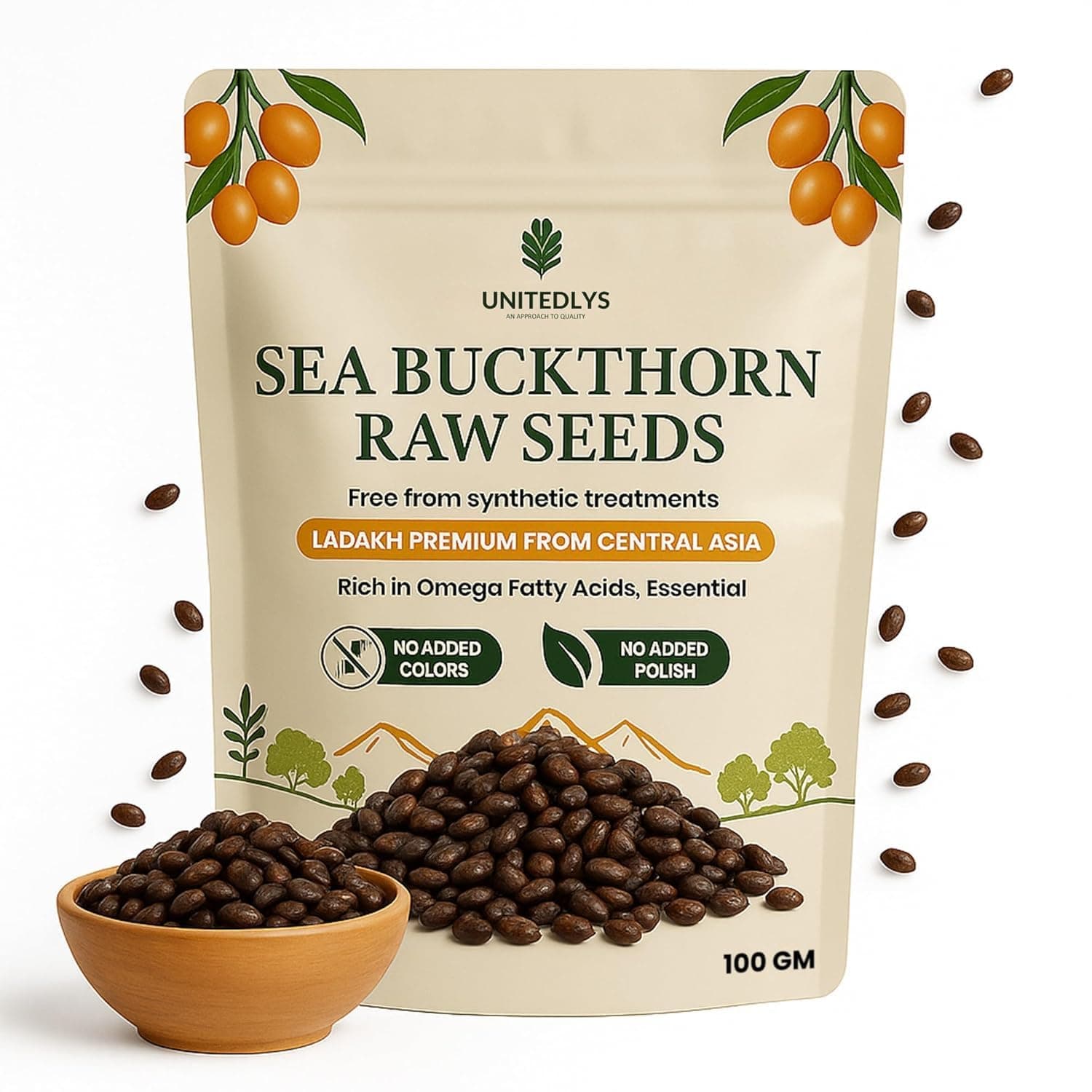 Unitedlys Himalayan Sea Buckthorn Seeds 100g – Raw, Natural & Non-GMO | Rich in Omega 3 6 7 9, Fiber & Antioxidants | Supports Skin, Hair, Heart, Immunity | Ideal for Planting, Oil & Herbal Uses