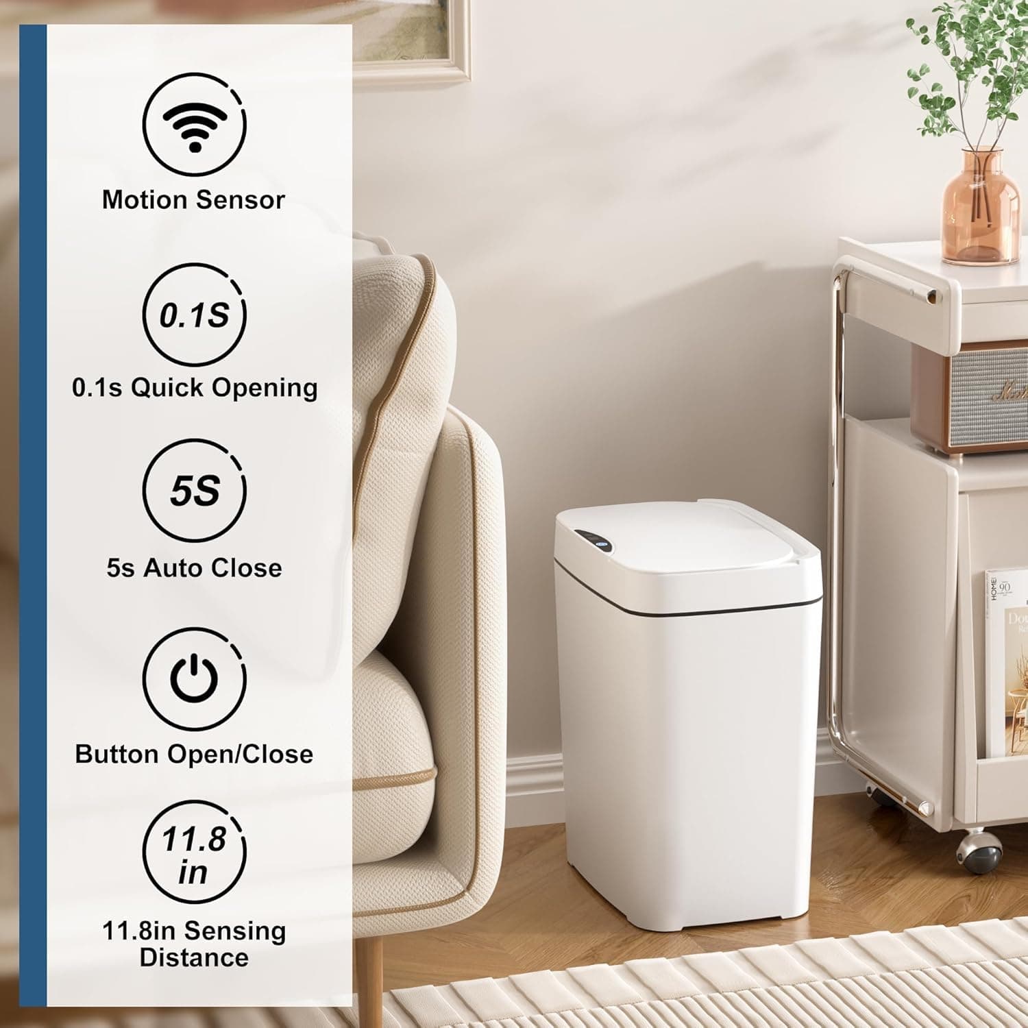 Zollyss Motion Sensor Dustbin 15L, Automatic Touchless Smart Trash Can with Infrared Sensor, Waterproof Auto Open Lid Waste Bin for Kitchen, Bathroom, Bedroom & Office, White