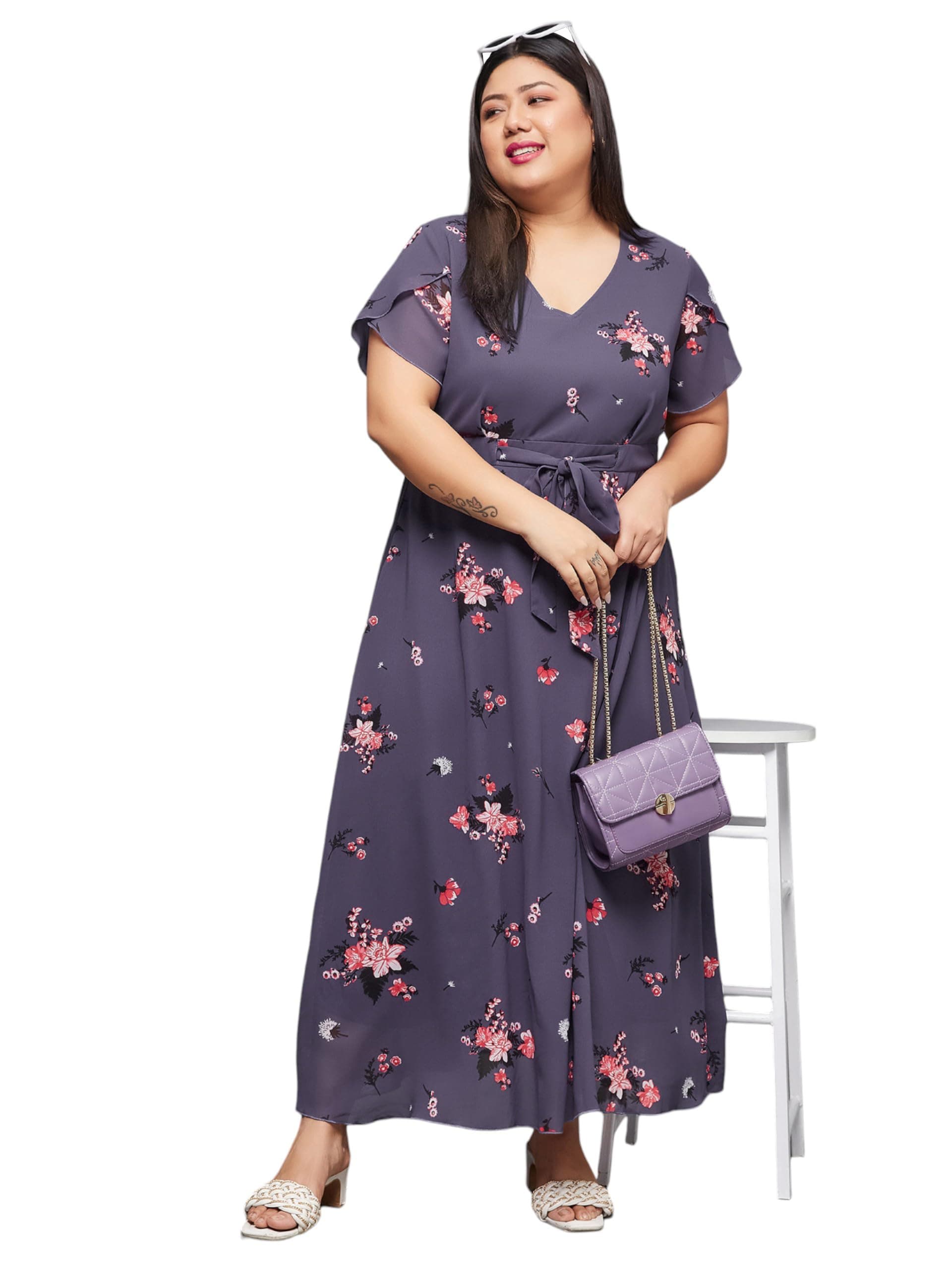 Miss Chase A+ Women's V-Neck Short Sleeve Floral Pleated Midi Dress