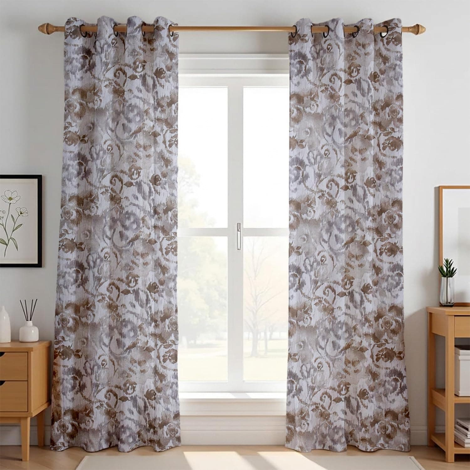 LINENWALAS Cotton Sheer Curtains for Door - Light Filtering 7 Feet Set of 2, Aesthetic Café Curtain Floral Printed Drapes with Grommet Hanging - (L 7FT x W 4.5FT, Sand Stone)