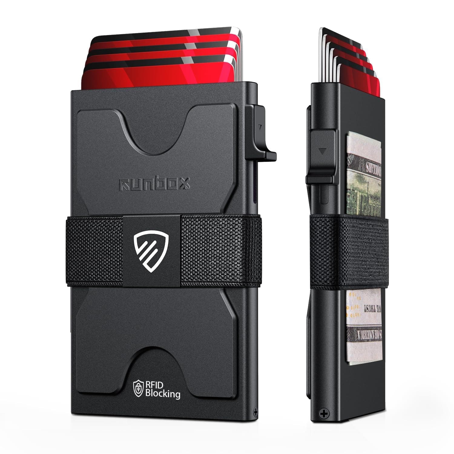 RUNBOX Slim Wallet for Men, RFID Aluminum Pop-Up Card Holder for 12 Cards, A Matte Black, 3.9"x2.5"x0.5", Minimalist