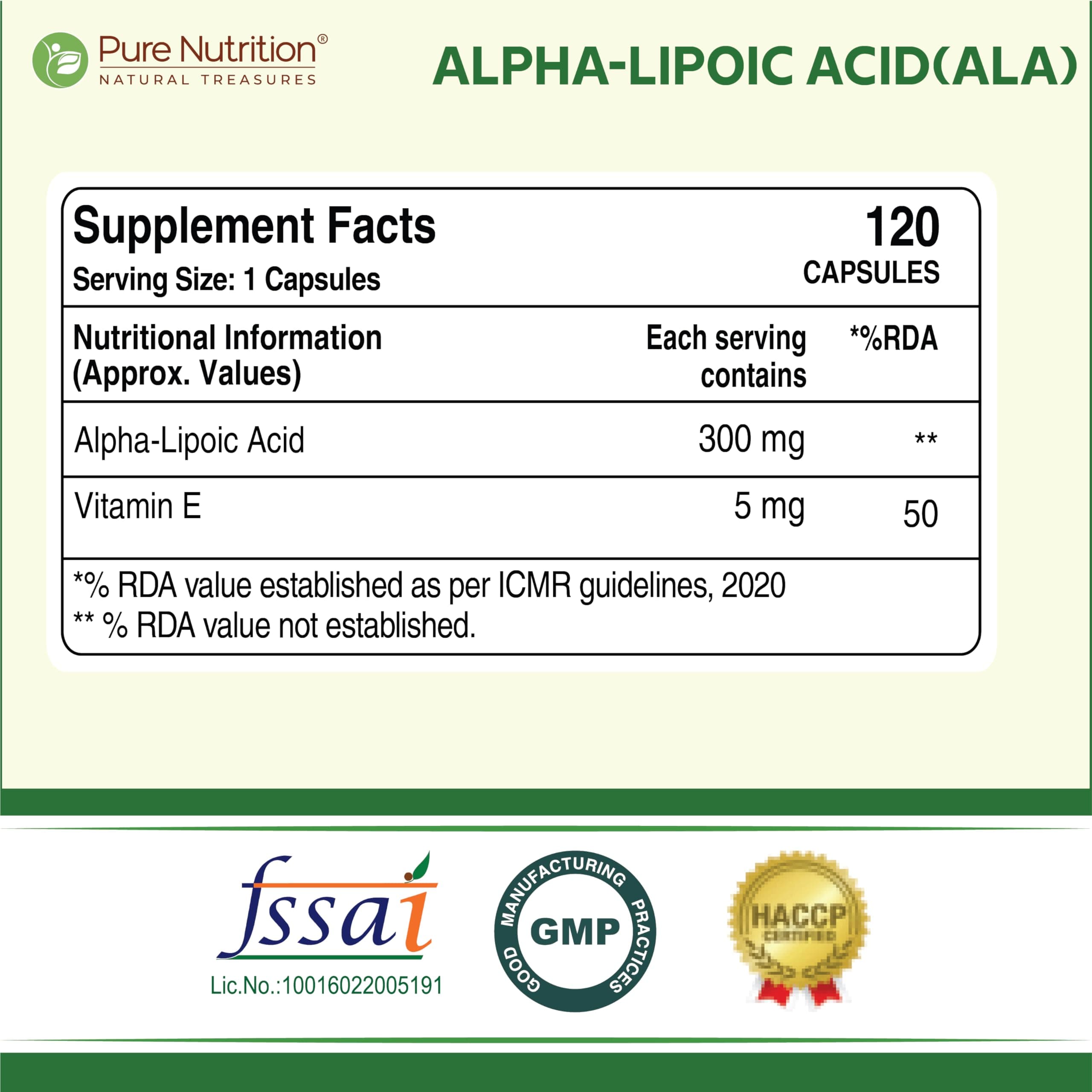 Pure Nutrition Alpha Lipoic Acid (ALA) 300mg with Vitamin E | Powerful ALA Supplement Antioxidant for Nerve & Heart Health | Supports Healthy Blood Sugar, Energy Metabolism & Cellular Protection - 120 Veg Capsules