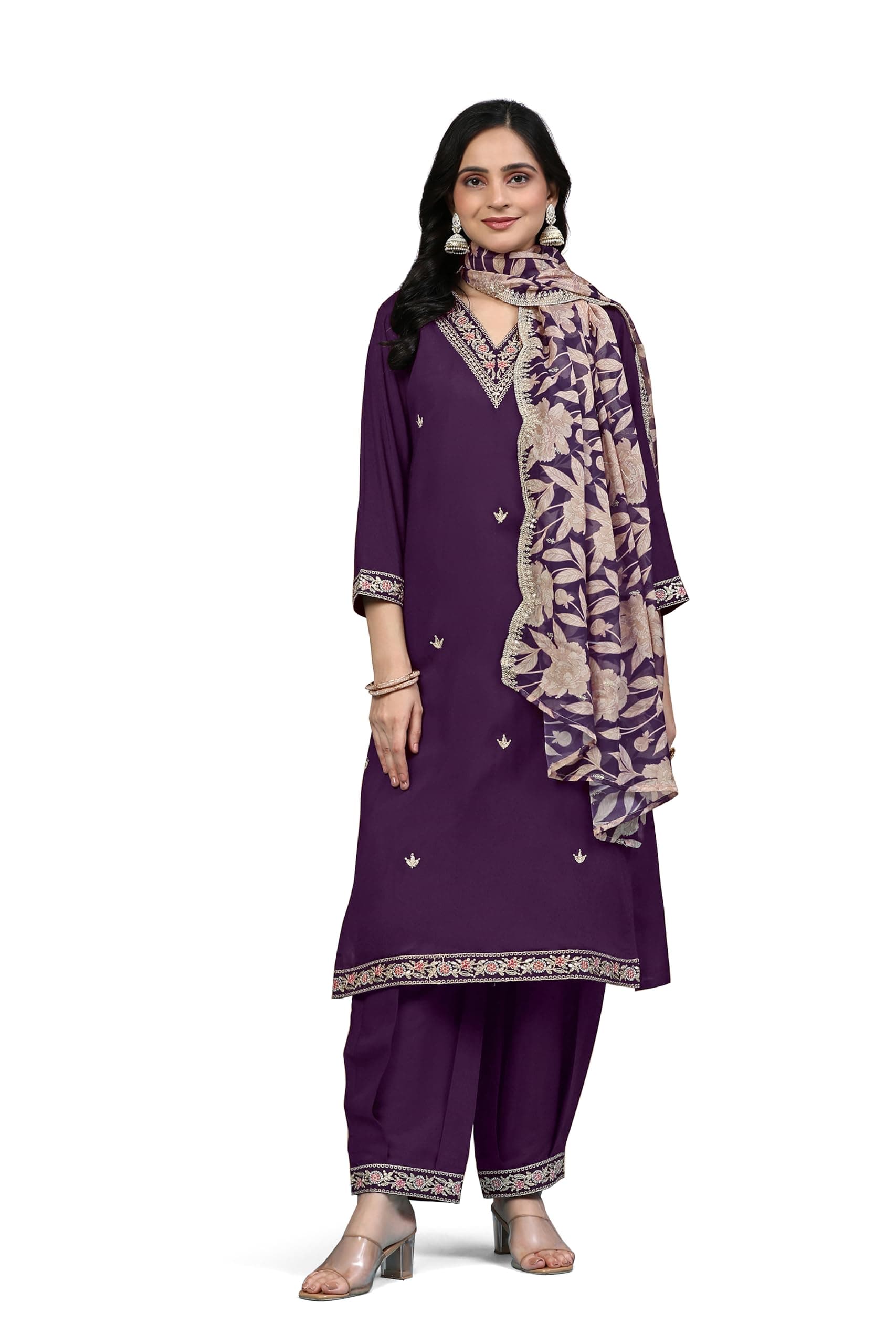 TRENDMALLS Women's Chanderi Silk Embroidery Salwar Suit Set Afghani Kurta Pant with Dupatta (G245-Purple-L)
