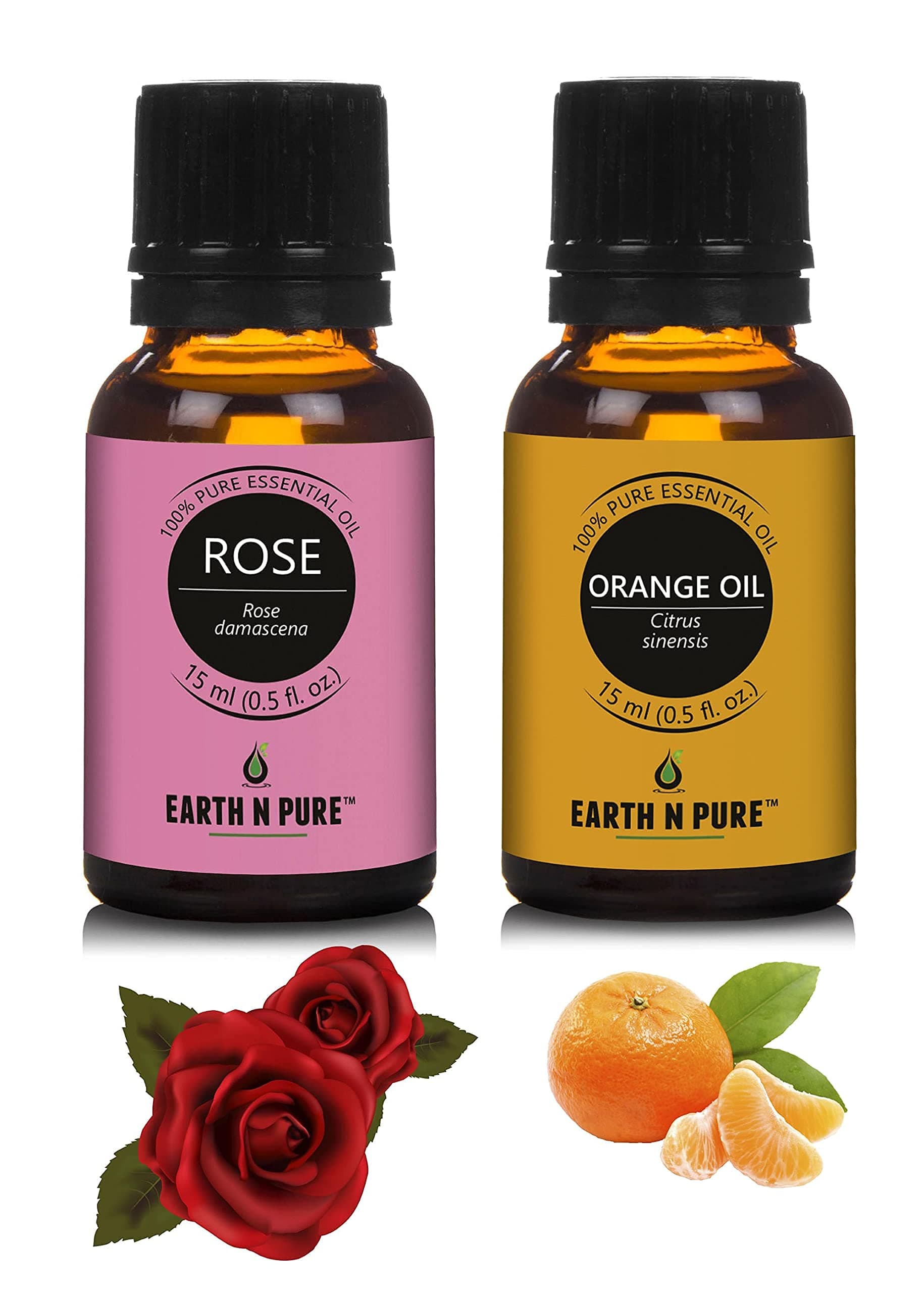 Earth N Pure Rose & Orange Essential Oils | Pack of 2 (15 ml each) | 100% Pure, Undiluted, Natural and Therapeutic Grade - Perfect for Aromatherapy, Skin Therapy & More