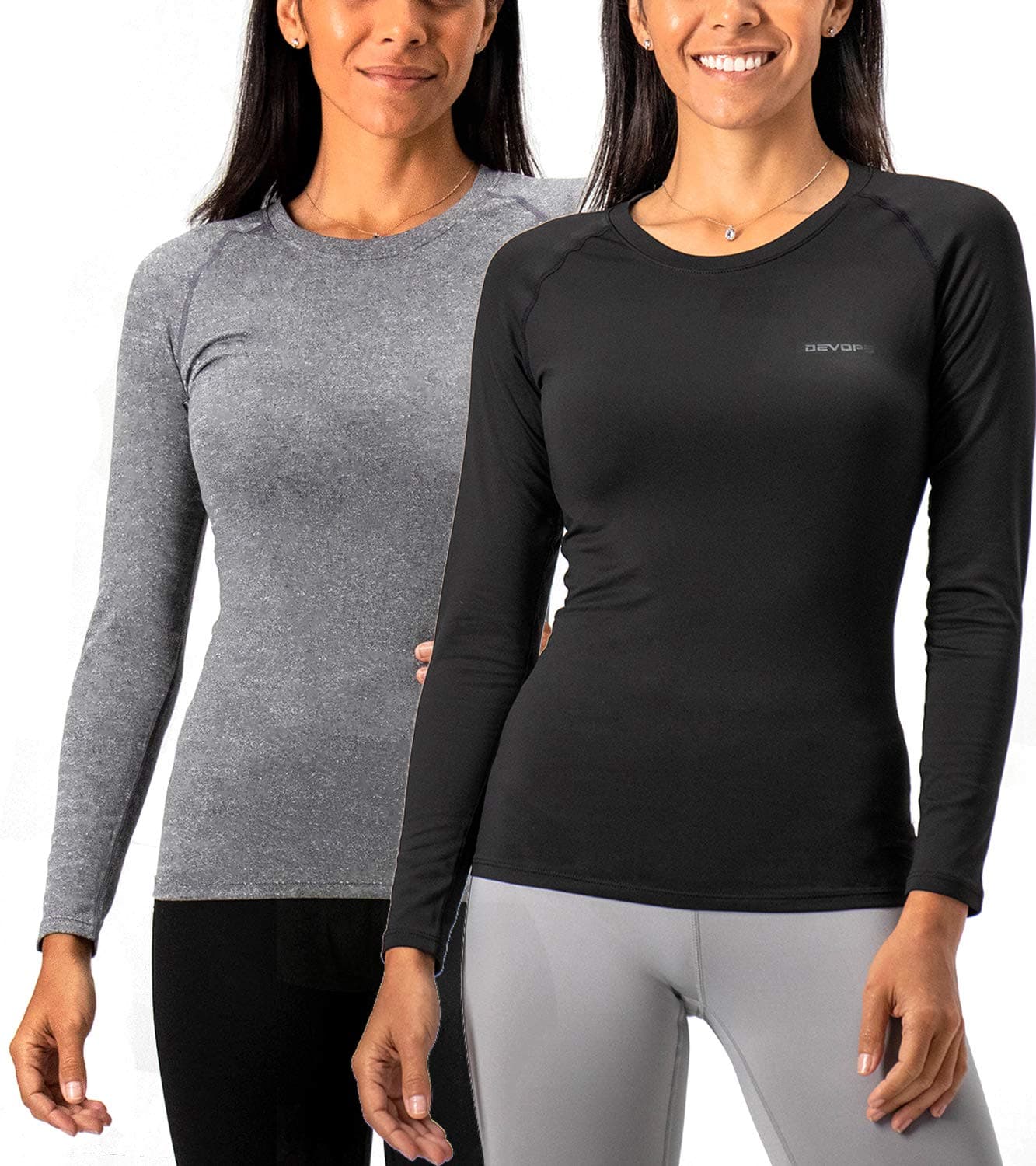 DEVOPS Women's 2 Pack Thermal Long Sleeve Shirts Compression Baselayer Tops, Black / Heather Charcoal, Medium