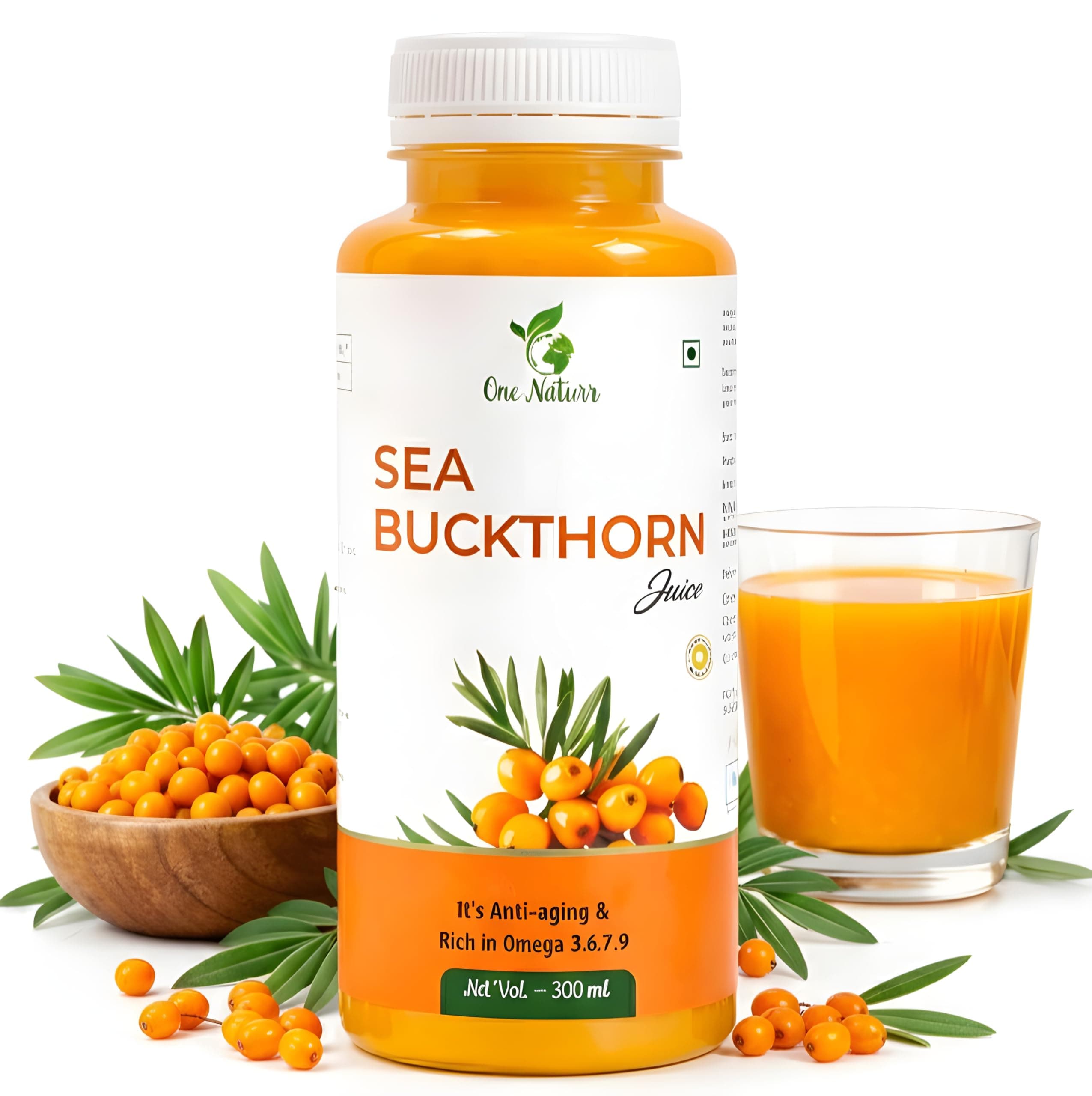 One Naturr - Sea Buckthorn Juice - 300ml | 100% Natural Himalayan Leh Berry Juice | Rich in Omega 3, 6, 7 & 9 | No Added Sugar | Boosts Immunity & Skin Health