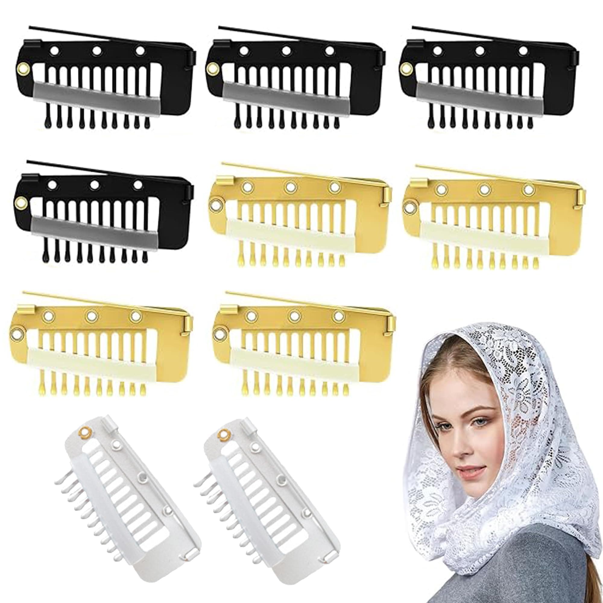 Homeaura Hair Extension Dupatta Clips for Women – 10 Pcs Invisible Hair & Head Pins | Safety Pins for Saree Pallu, Dupatta & Hijab | Tic Tac Clip with Pin for Brides & Wig Setting (4 Black, 4 Gold, 2 Silver)