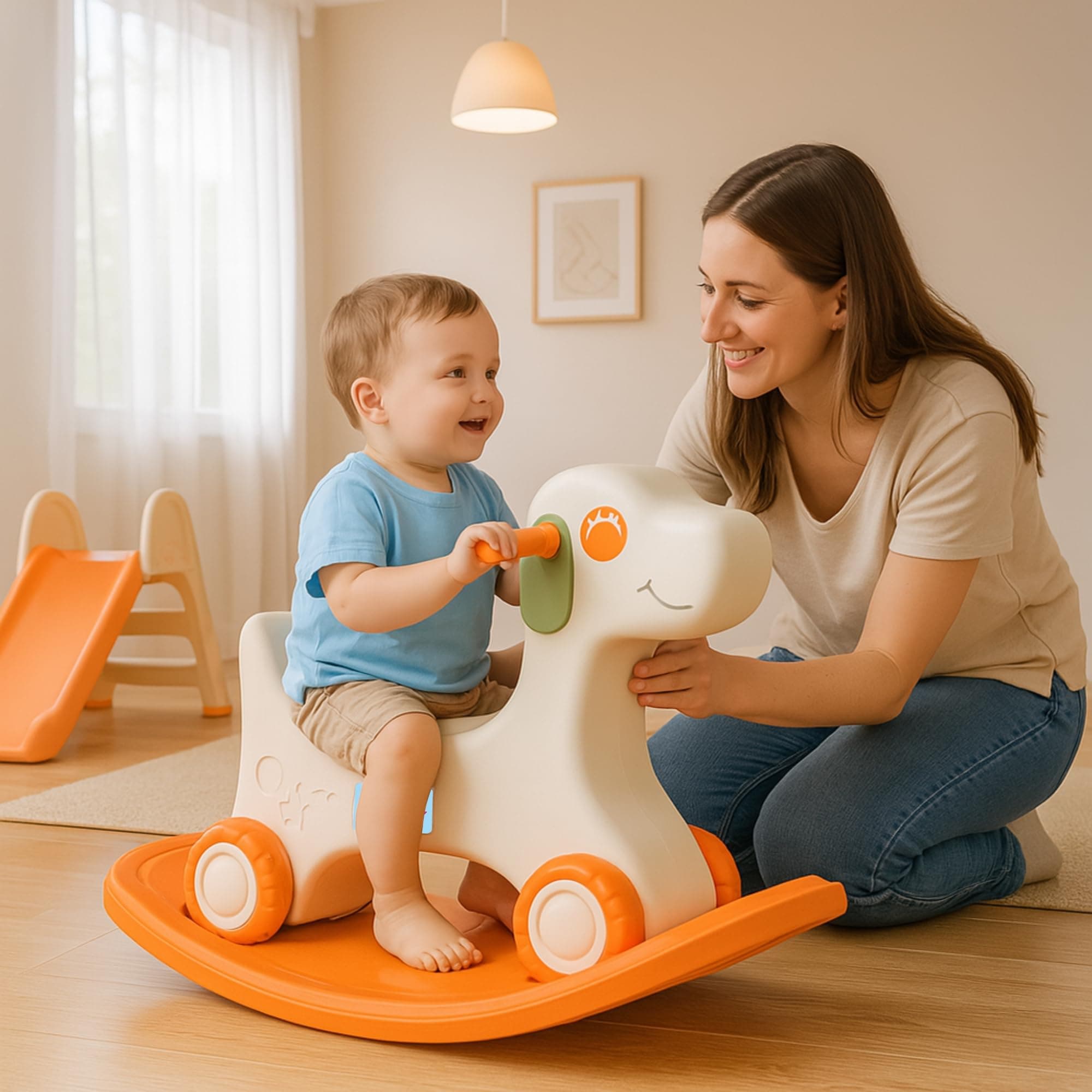 Amazon Brand - Jam & Honey 3-in-1 Puppy Push On Ride On Rocker for Kids | Balancing Board | Backrest | Easy Grip | Four Wheel | Durable and Safe | Lightweight | Animal Theme | 12 Months+ | Orange