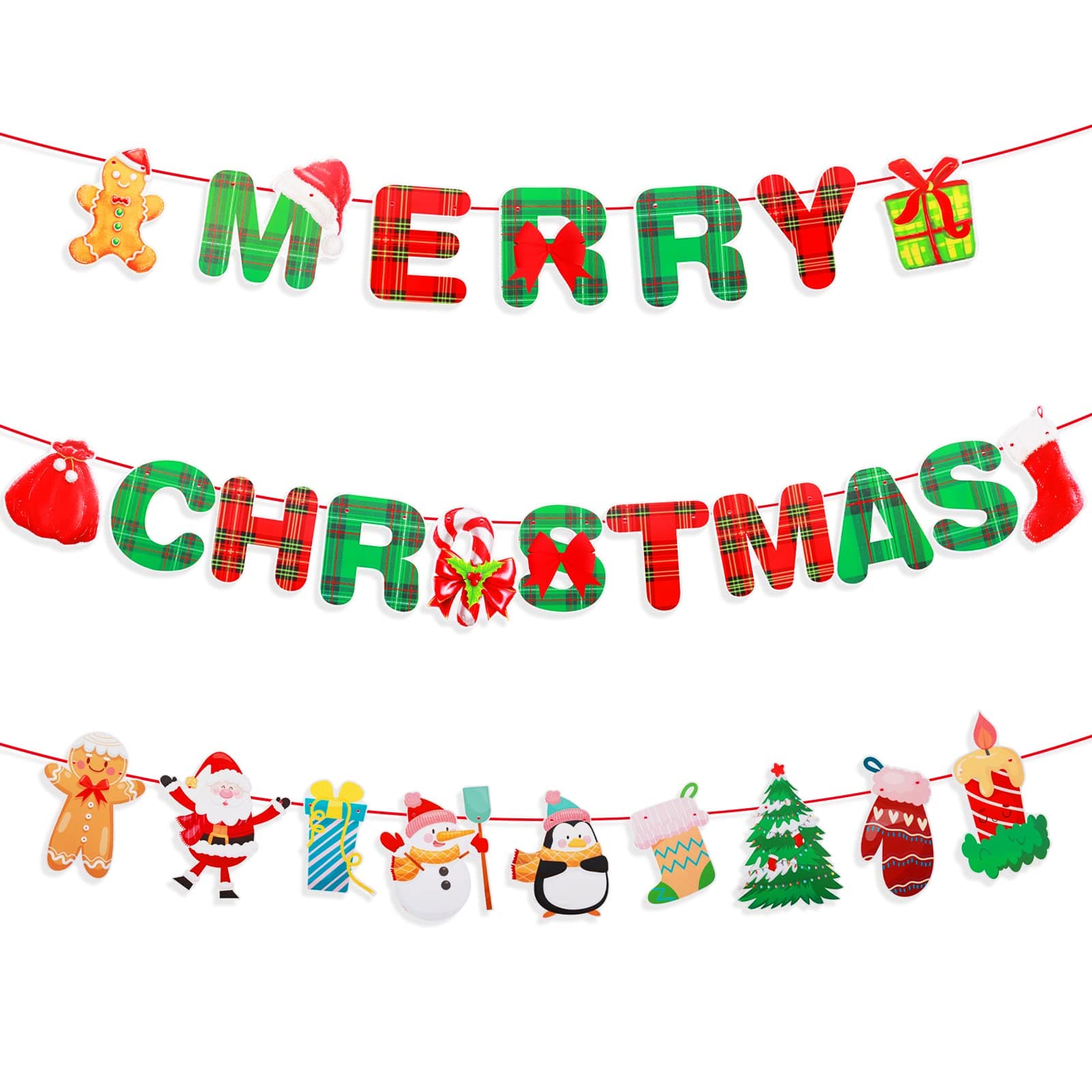 Festiko® Merry Christmas Banner, Xmas Signs Hanging Banner Plaid Red Green Garland with Cartoon Christmas Tree Santa and Sock Snowman Ornaments for Home Wall Fireplace Party Supplies