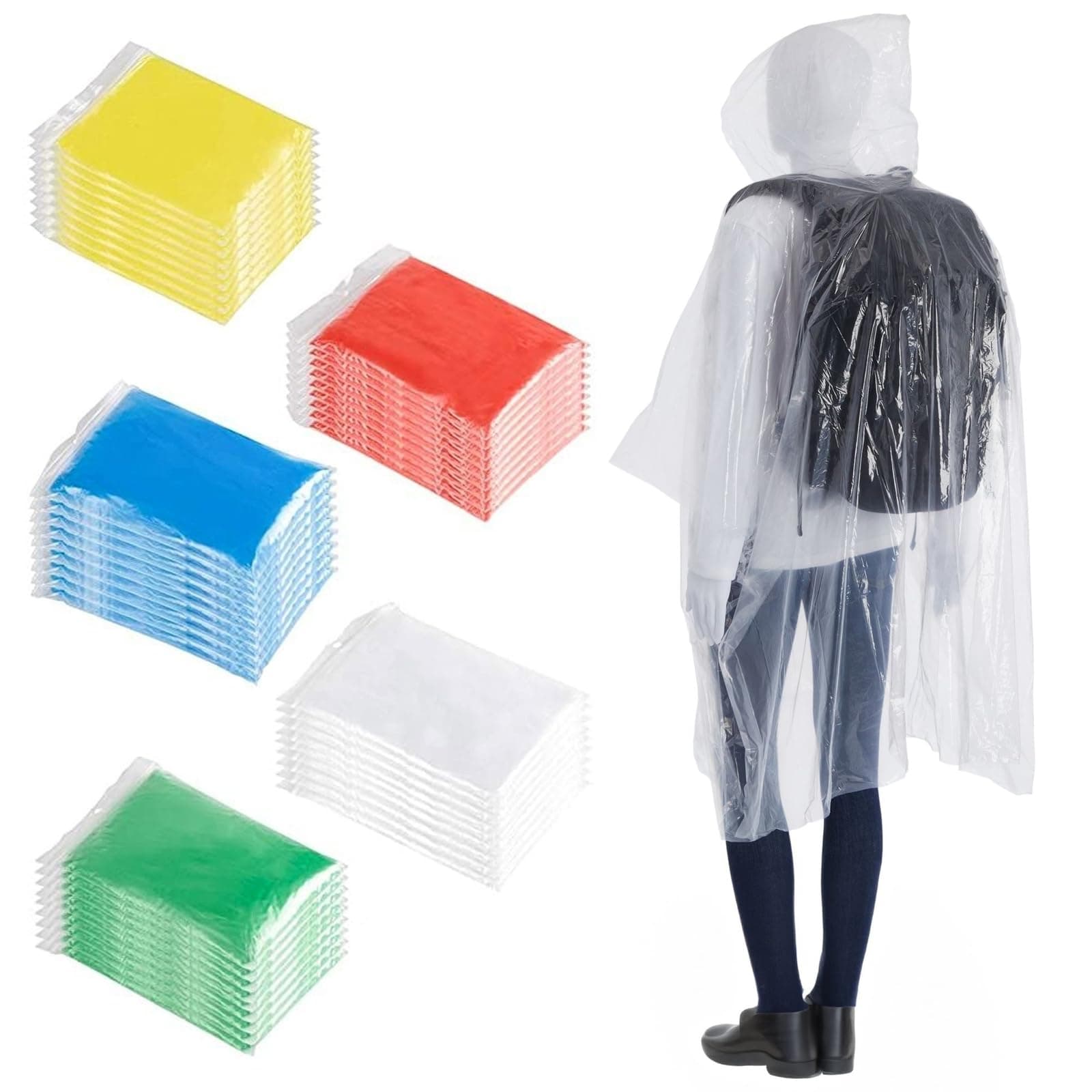 Juvale 50 Pack Disposable Rain Ponchos for Adults, Multi-Purpose, One Size, 5 Bright Colors, 50 x 40 inches