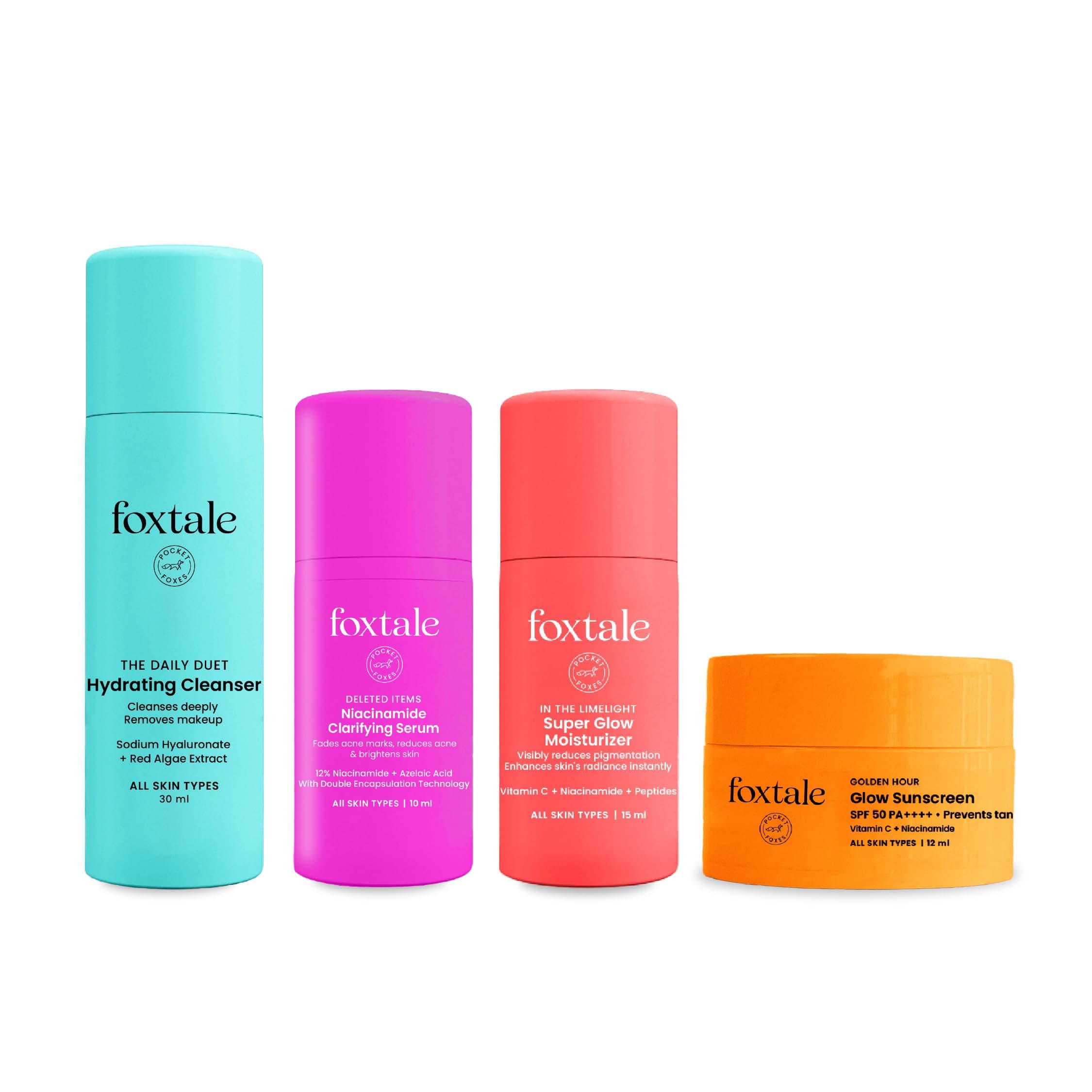 Foxtale Glow On Heartbeat Skincare Gift Set | Hydrating Cleanser, 12% Niacinamide serum, Super Glow moisturizer & SPF 50 Glow sunscreen | Travel-Friendly Kit for Radiant skin | For Men & Women